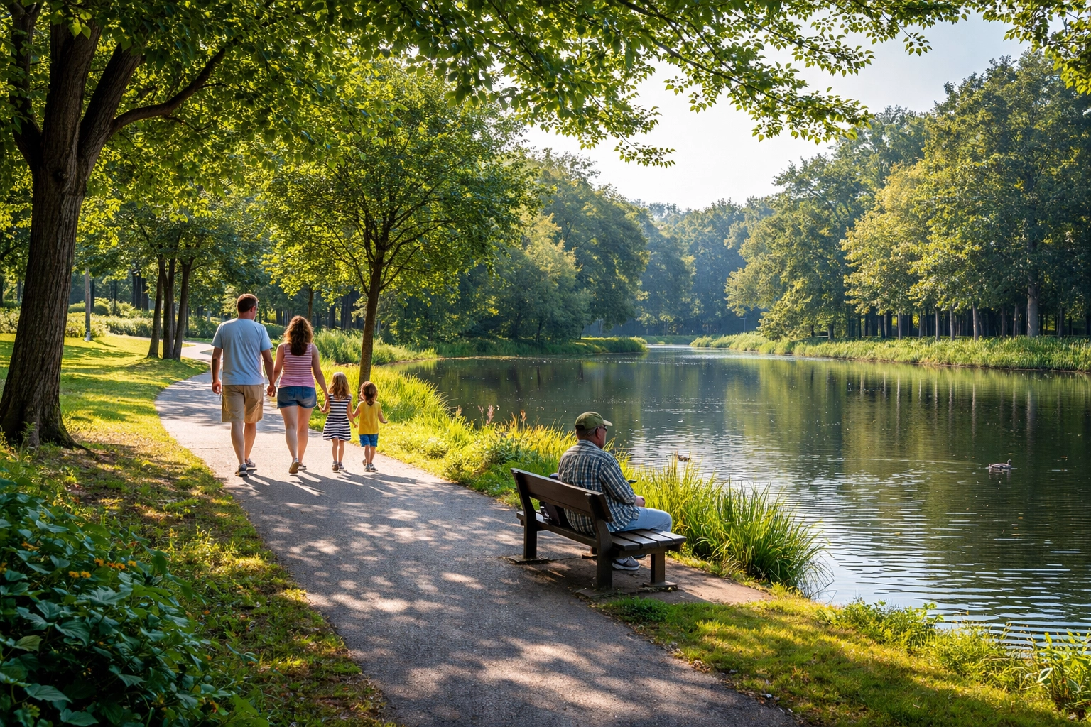 Family walking along trails and enjoying the fishing pond at Laurel Acres Park in Mount Laurel NJ, highlighting outdoor recreation.