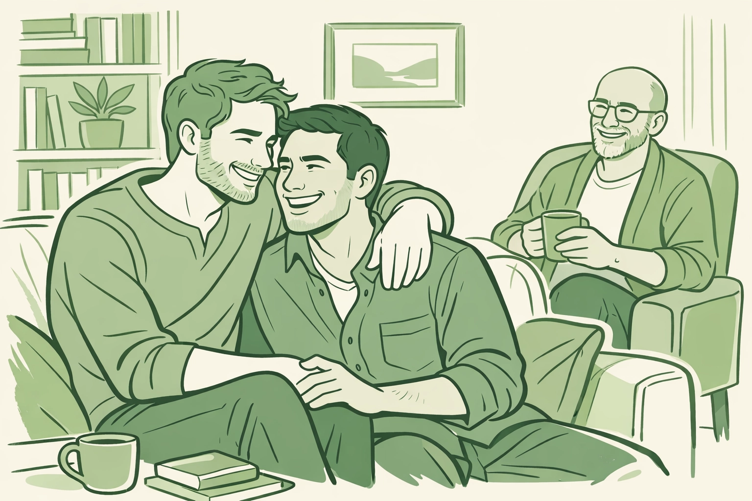 Illustration of an MM couple with their chosen family, representing a supportive gay community.
