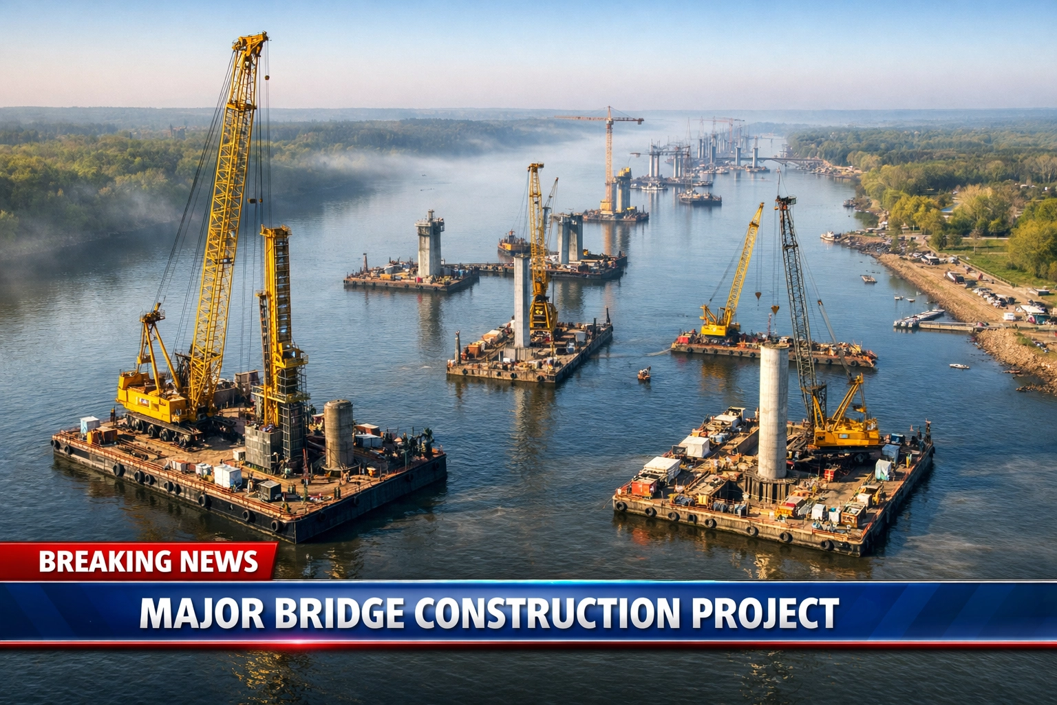 Cranes and barges at a bridge site requiring heavy equipment financing for large infrastructure projects.