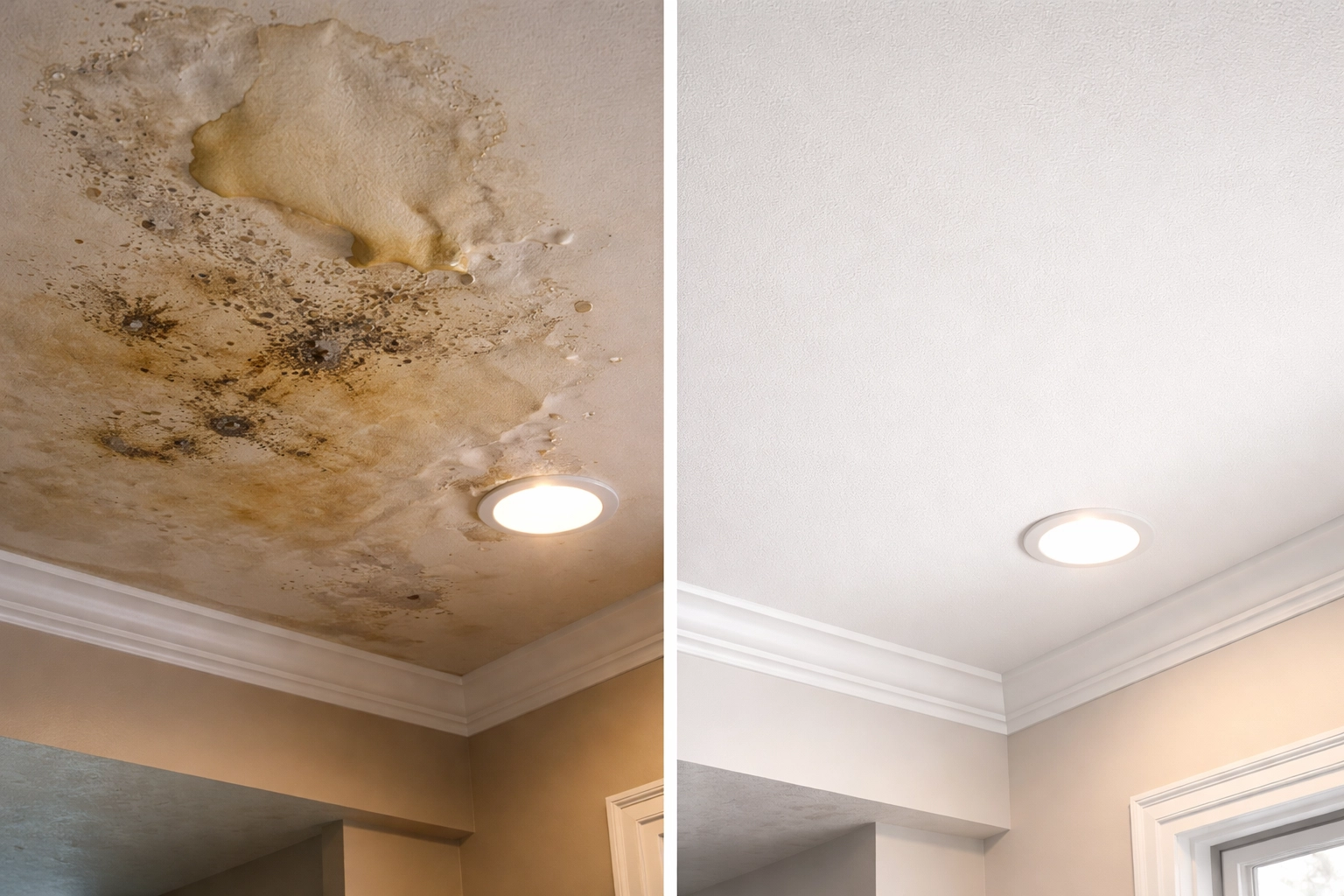 Split view of ceiling: water-damaged drywall with stains and mold versus freshly repaired surface.