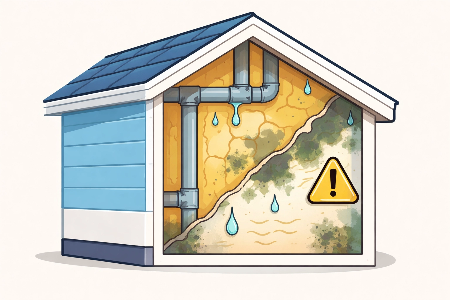 Illustration of hidden water damage inside home walls, highlighting unseen moisture and mold risks