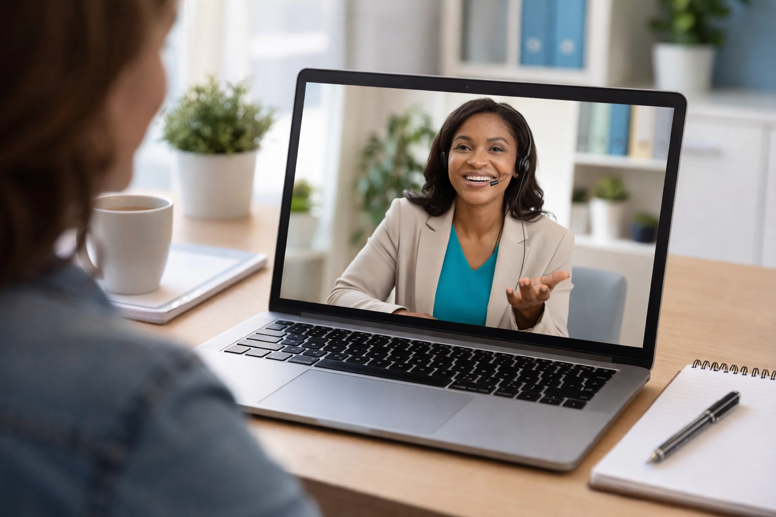 Benefits counselor providing one-to-one virtual enrollment counseling to school employee