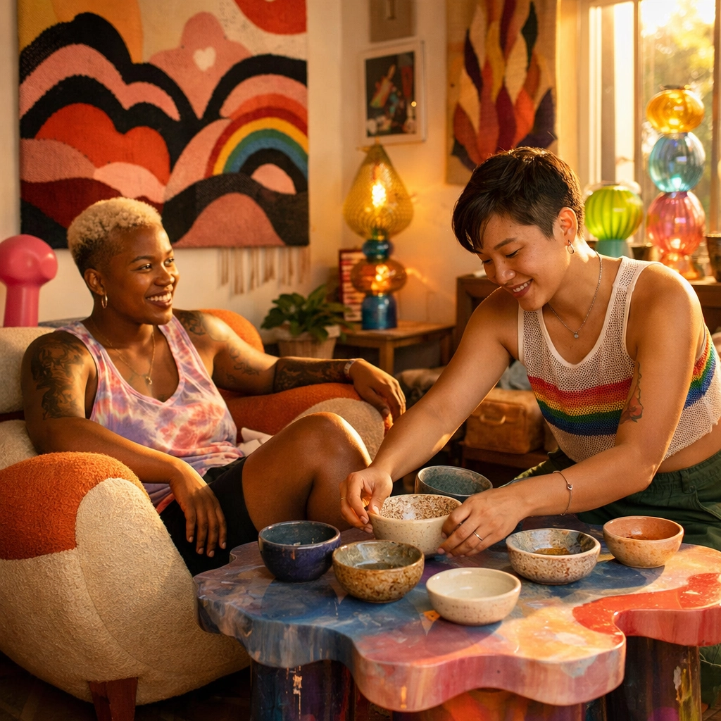 Queer couple at home surrounded by artist-made ceramics and functional design objects