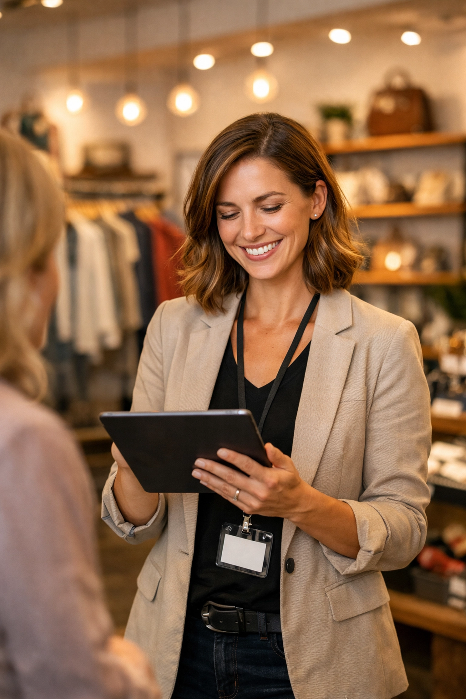 A retail manager using a tablet powered by resilient ServiceNow ITOM infrastructure for seamless service.