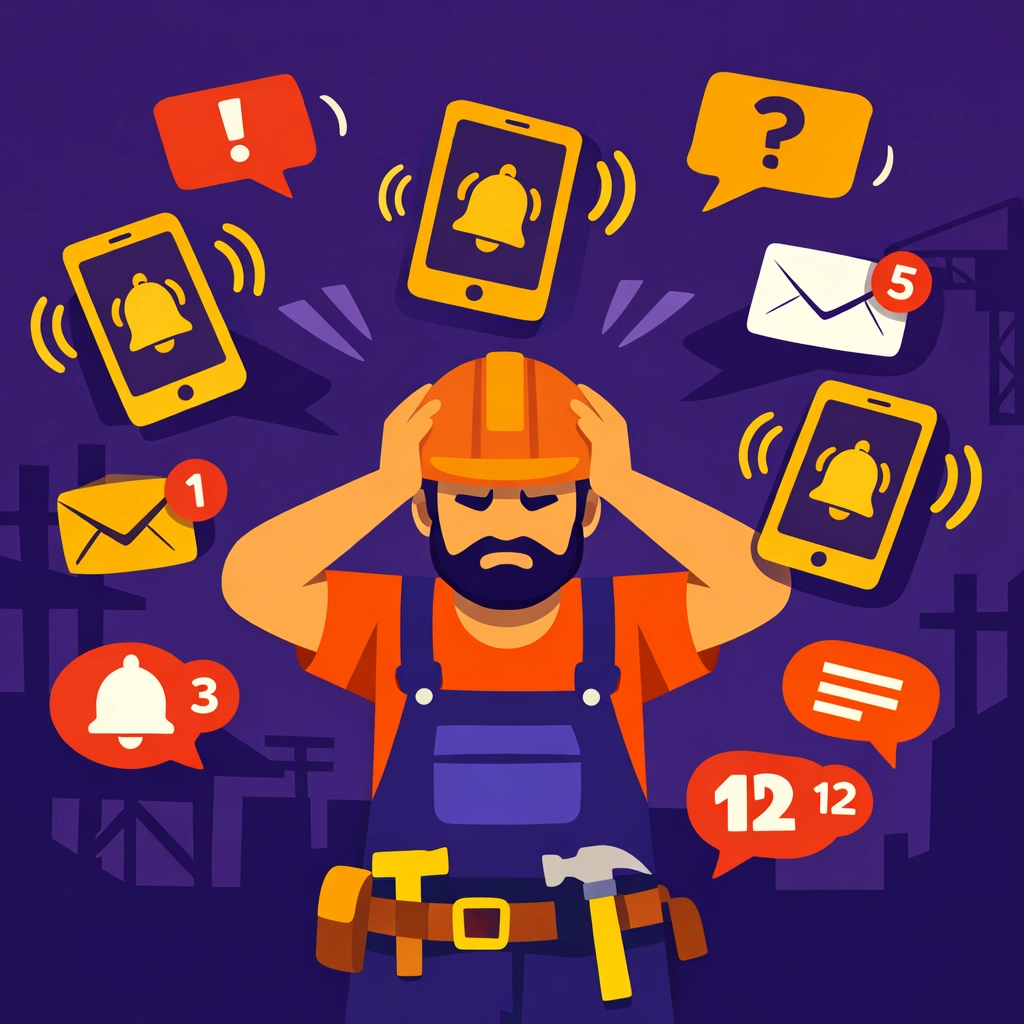 Handwerker auf Baustelle überwältigt von ständigen Kundenanfragen und Telefonanrufen