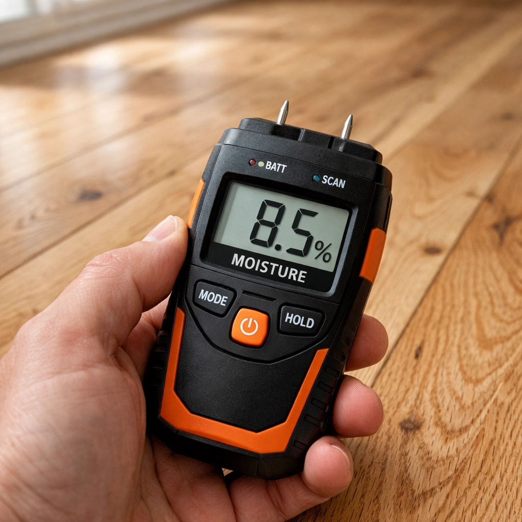 Moisture meter testing white oak wide plank flooring before Chicago installation