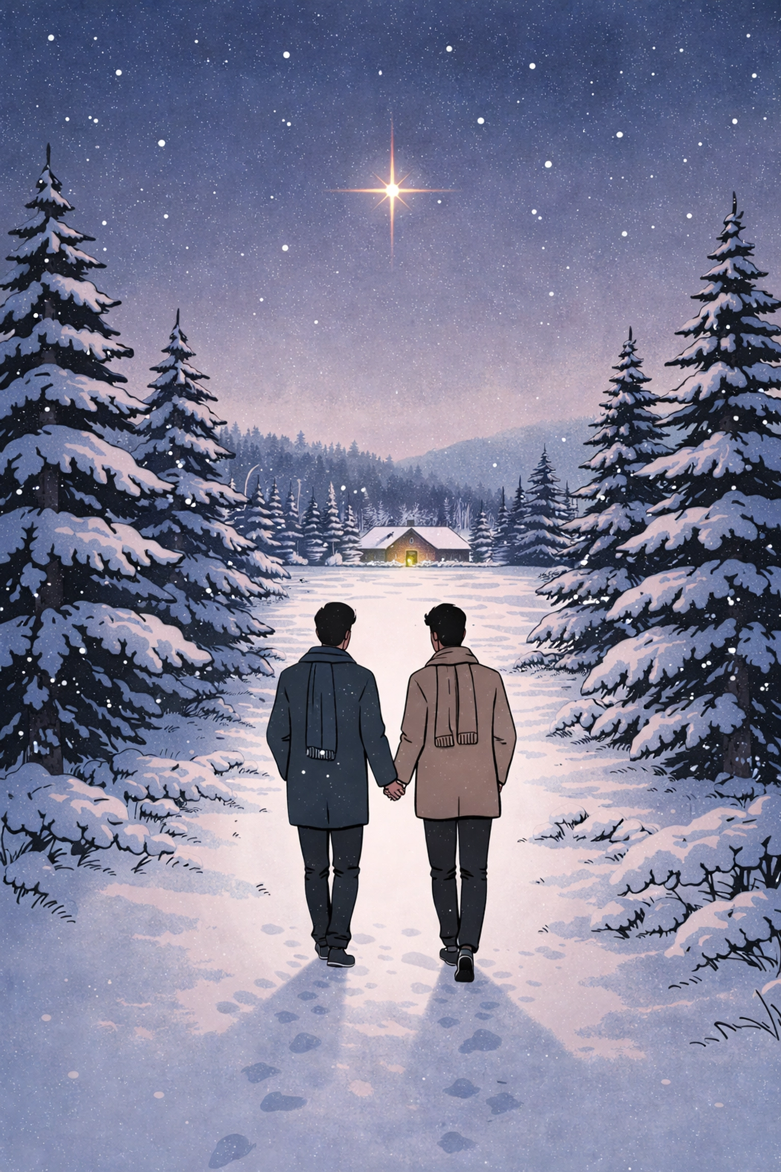 MM couple walks hand-in-hand beneath a glowing star in a romantic Danish winter landscape