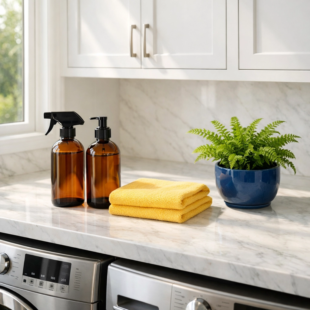 Eco-friendly professional cleaning in Andover featuring non-toxic supplies in a bright, modern laundry room.