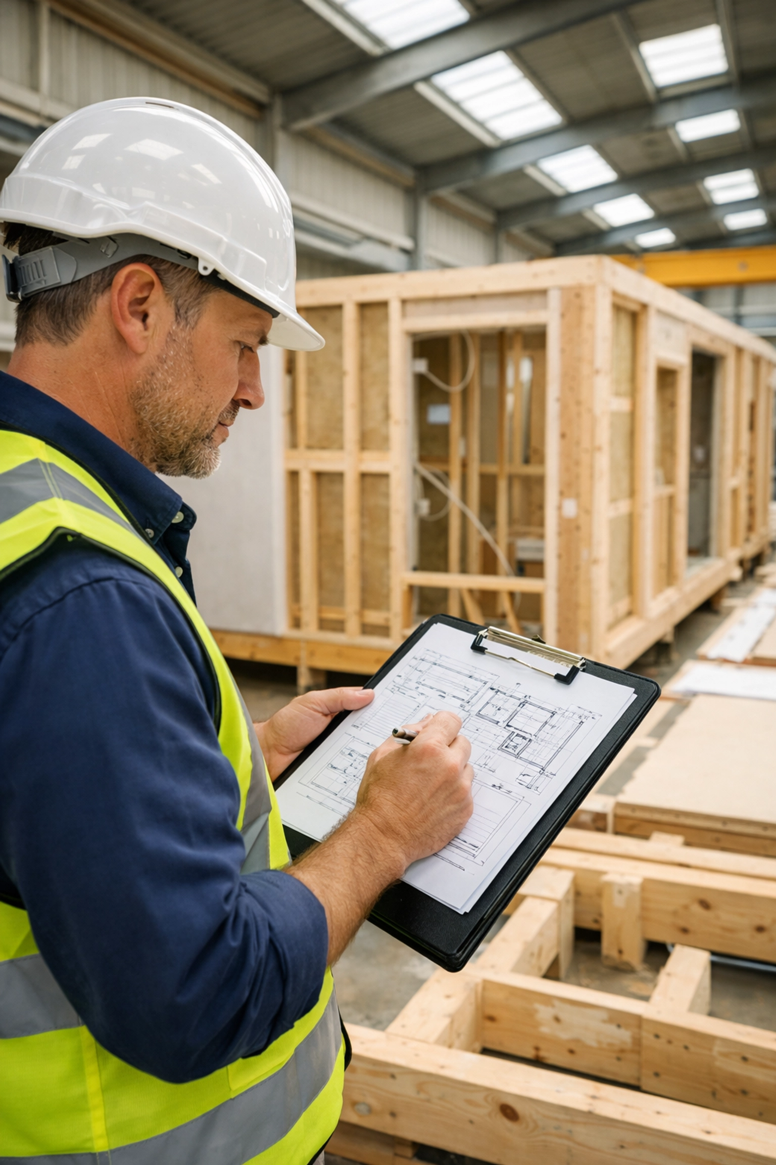 Building inspector reviewing modular home compliance documentation in factory