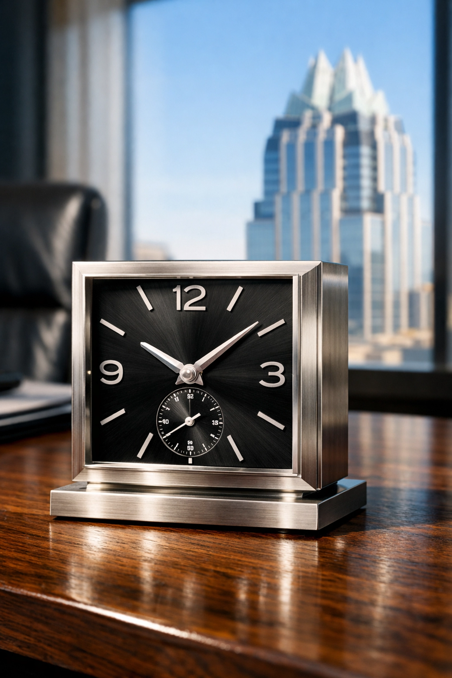 A desk clock on an executive desk overlooking the Austin skyline and Frost Bank Tower.