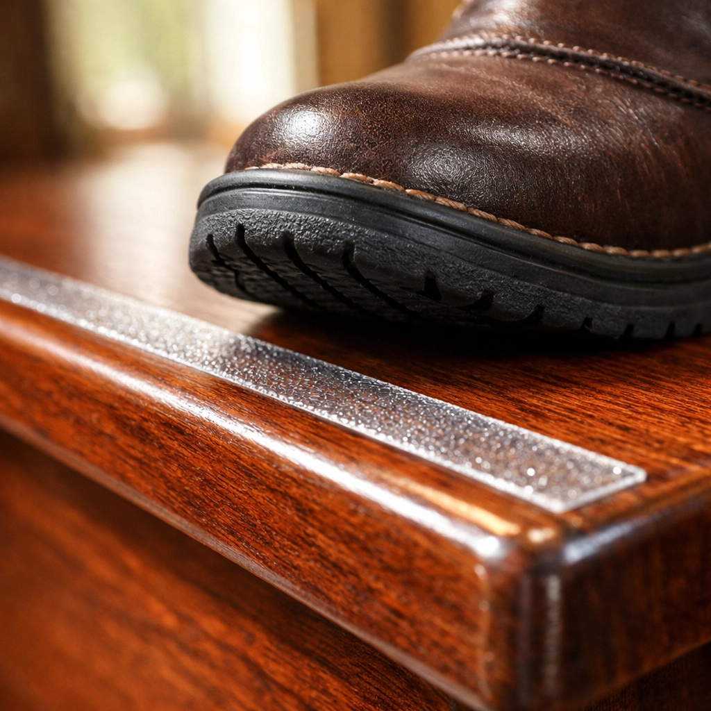 Macro shot of a non-slip stair tread with a transparent grip strip for improved traction and safety.