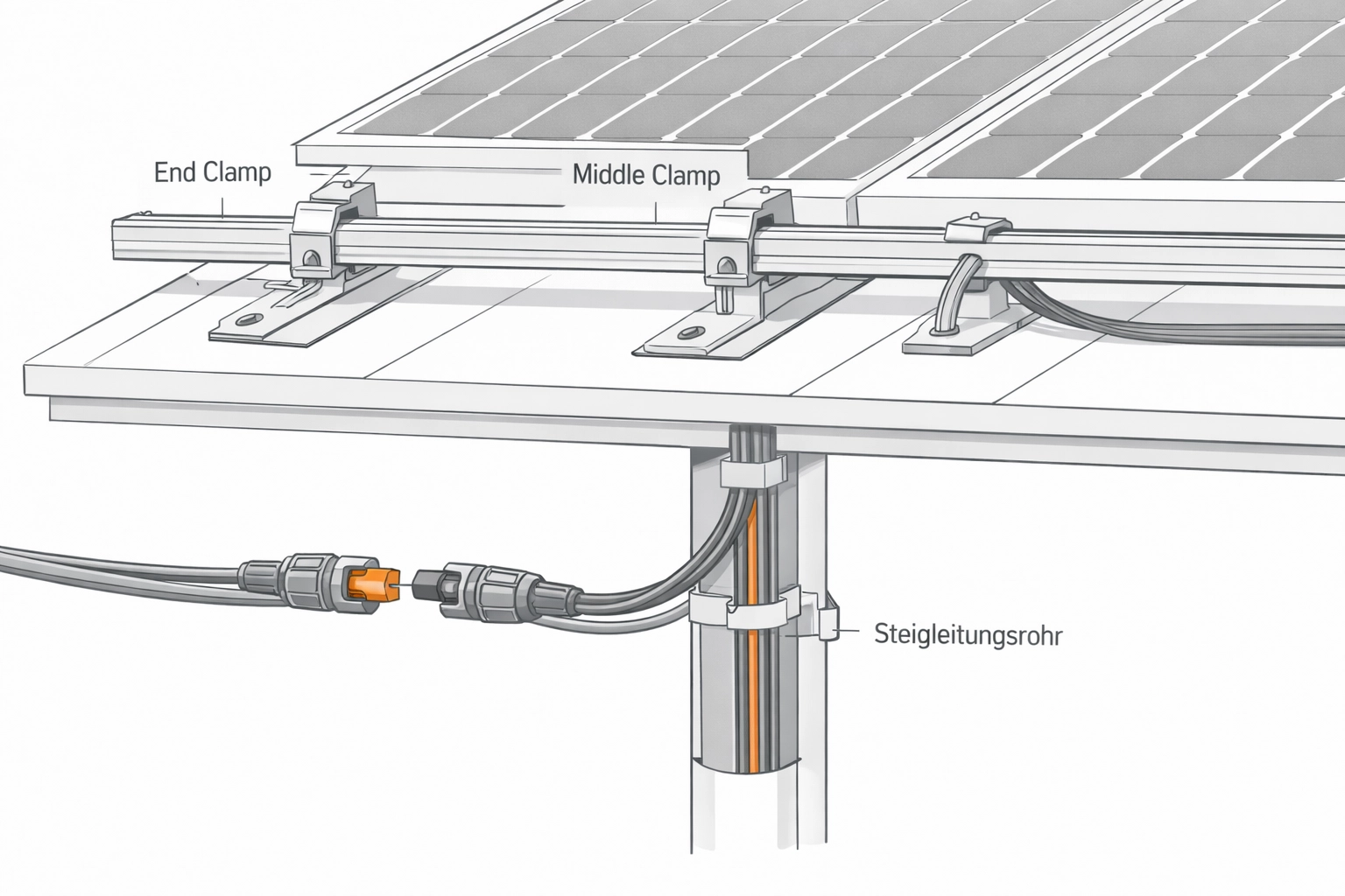 Technisches Montagesystem für die fachgerechte Installation von Photovoltaik auf dem Dach.