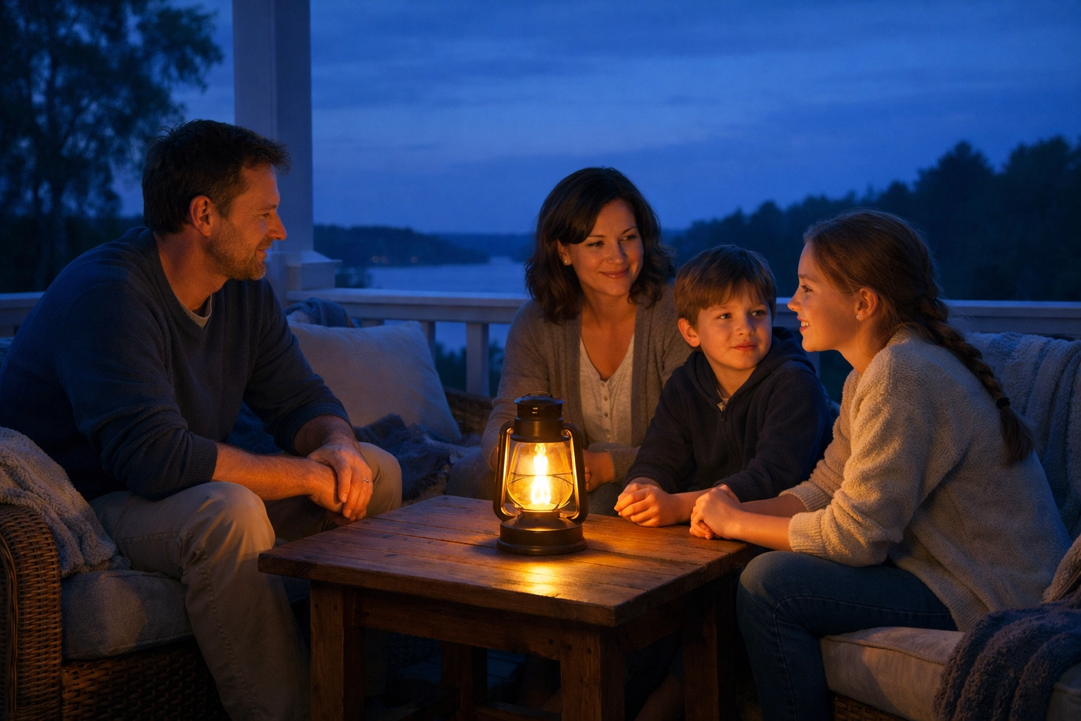 A family gathering for a peaceful digital sabbath conversation on a porch under a glowing lantern.