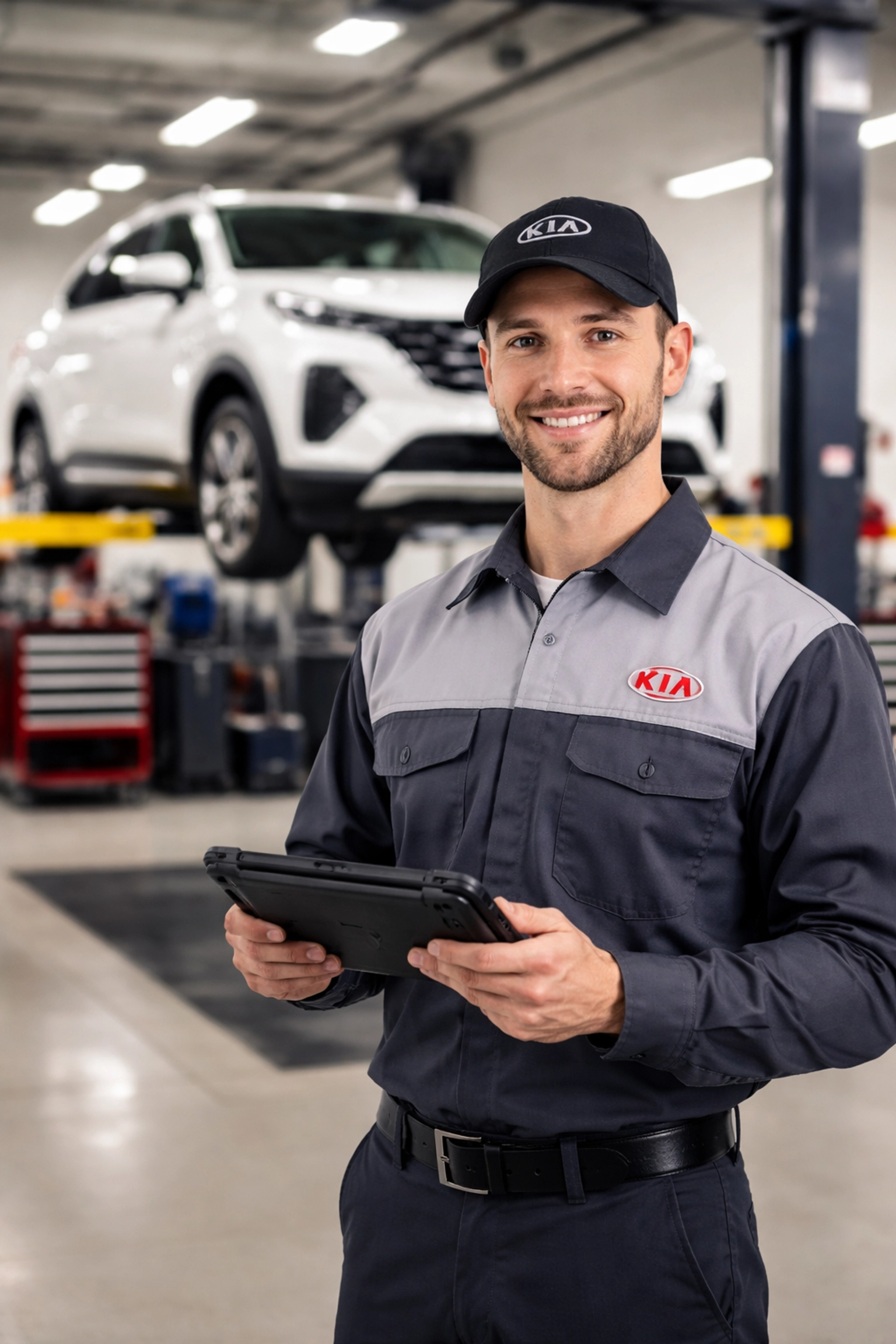 Smiling Kia service technician in a state-of-the-art Sacramento dealership service bay, ready to assist customers.