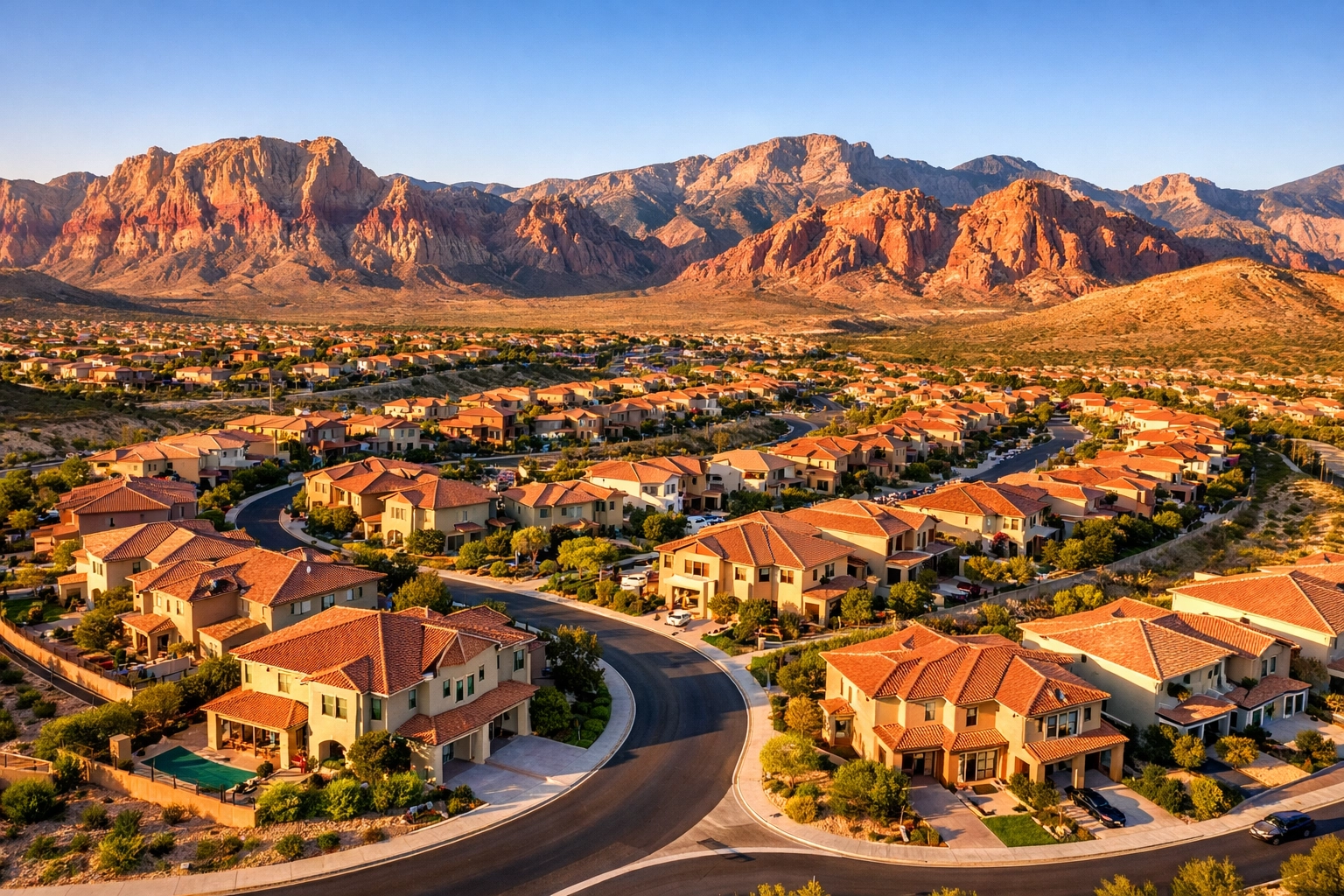 Aerial view of Summerlin West homes with Red Rock Canyon mountains in background Las Vegas