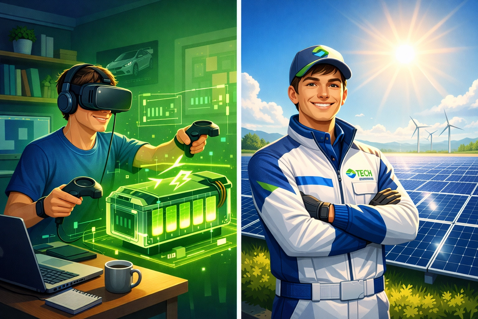 A split view of a student learning EV battery repair in VR and a professional working at a solar farm.