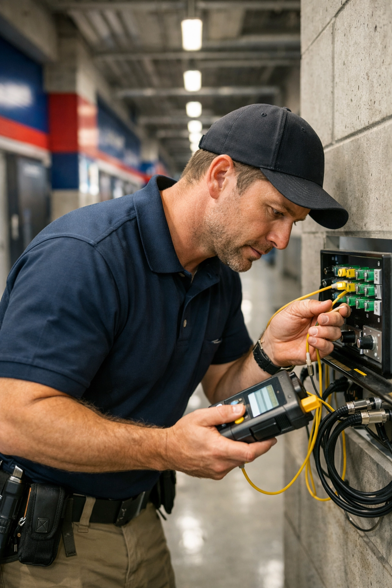 Technician inspecting fiber-optic stadium media infrastructure for high-stakes event technical excellence.