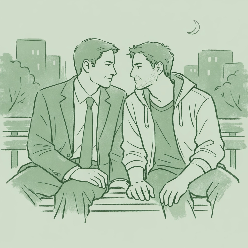 Two men in secret MM romance share intimate moment on park bench hiding forbidden relationship