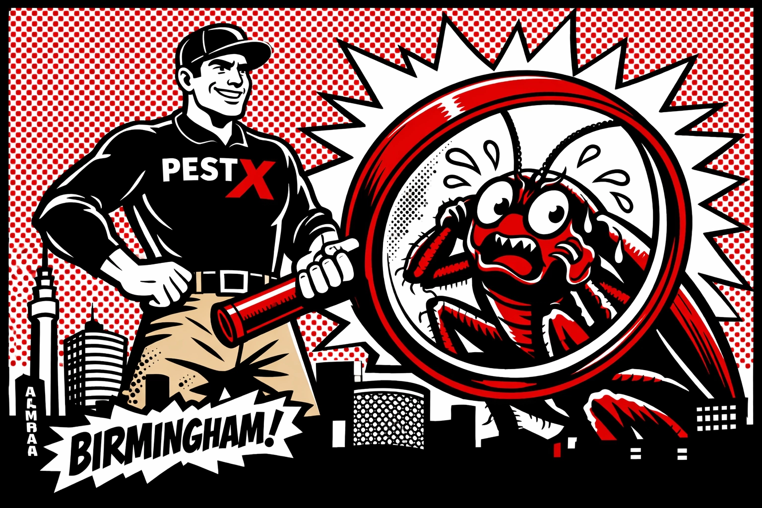 Comic art of a Birmingham exterminator uncovering a cockroach over the city skyline.