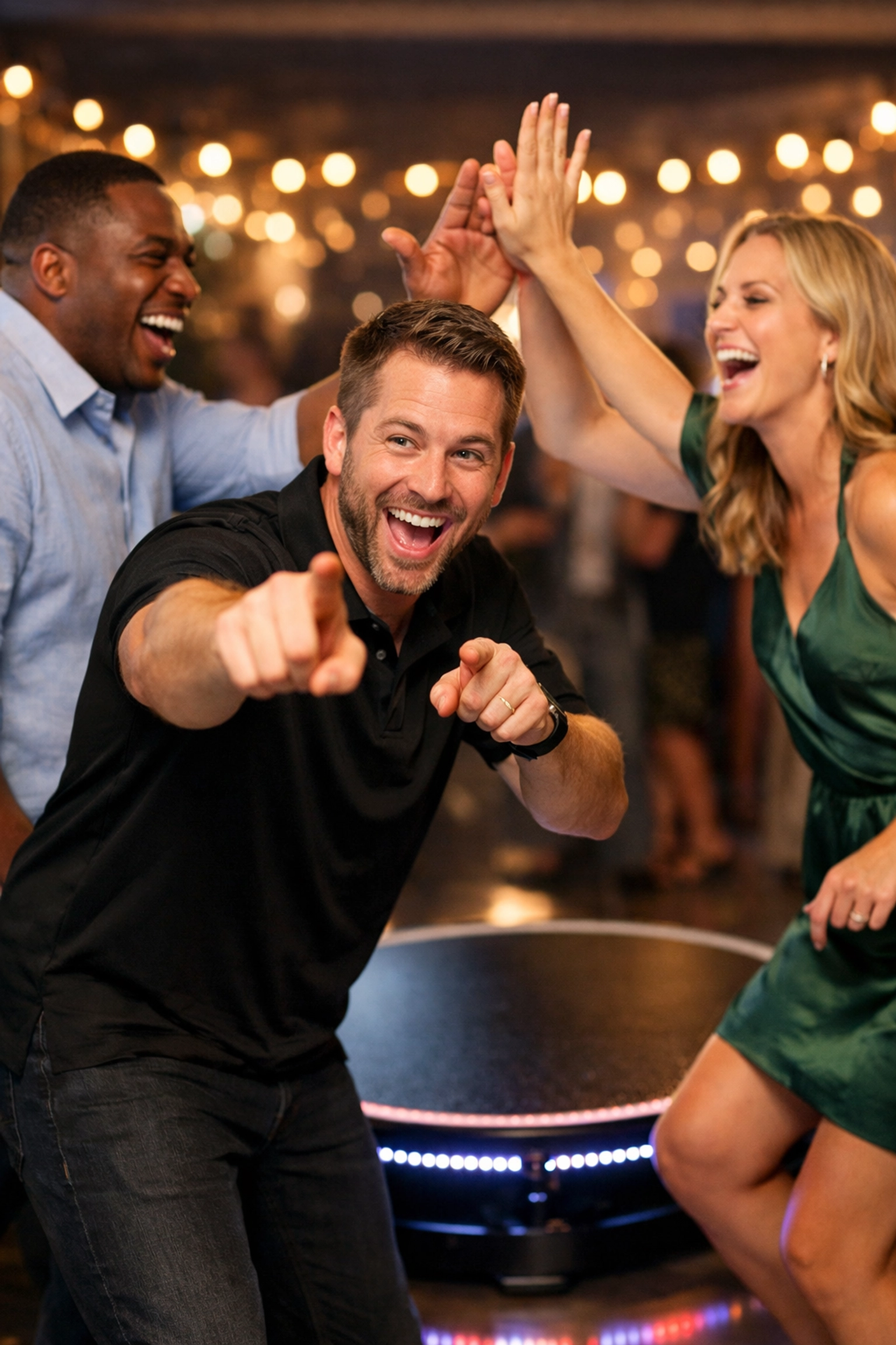 Friendly 360 photo booth attendant coaching guests for the perfect video at a Bakersfield celebration.