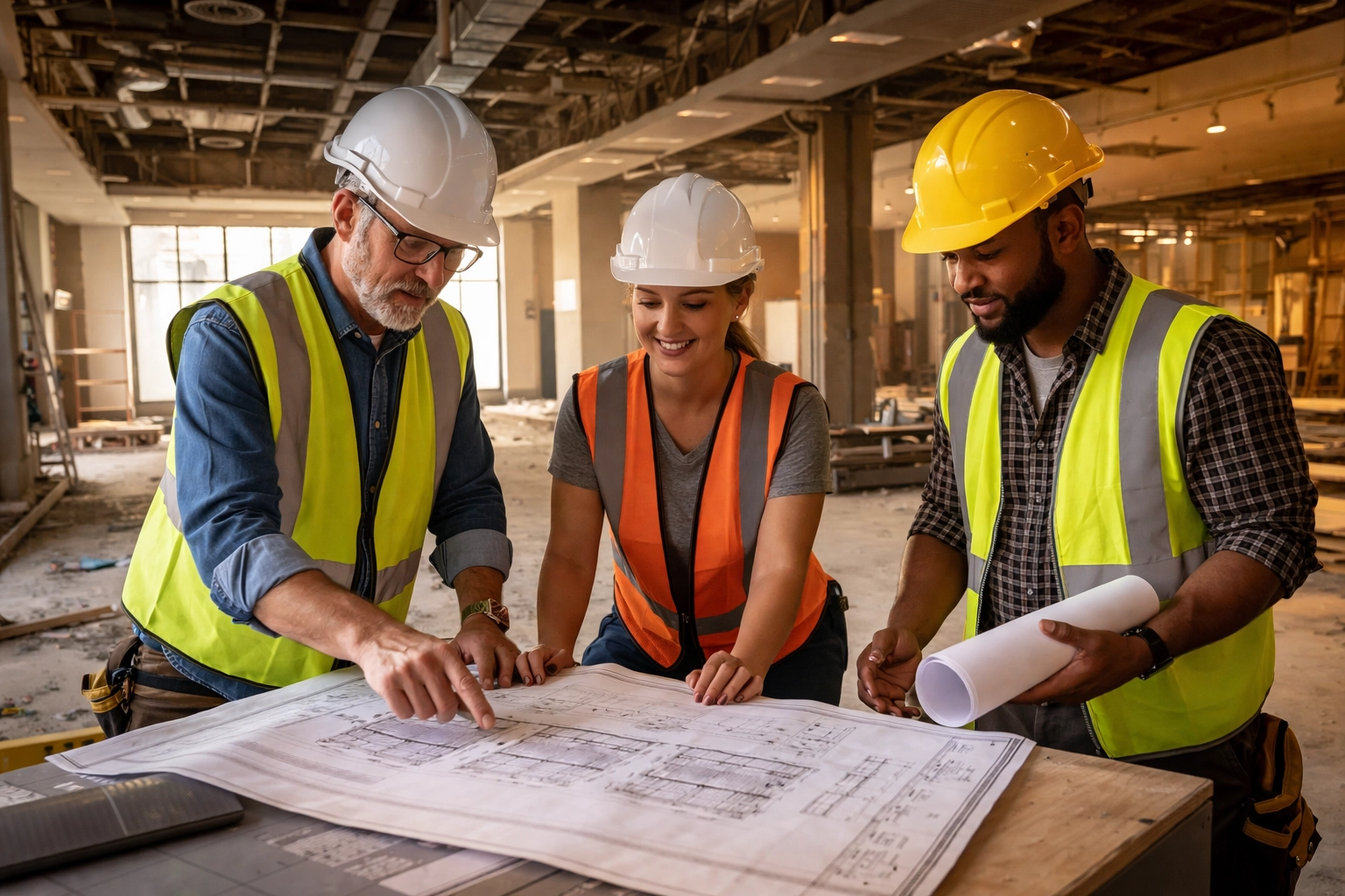 Construction team reviews plans inside former Neiman Marcus, showing adaptive reuse of Walnut Creek retail space for hospitality