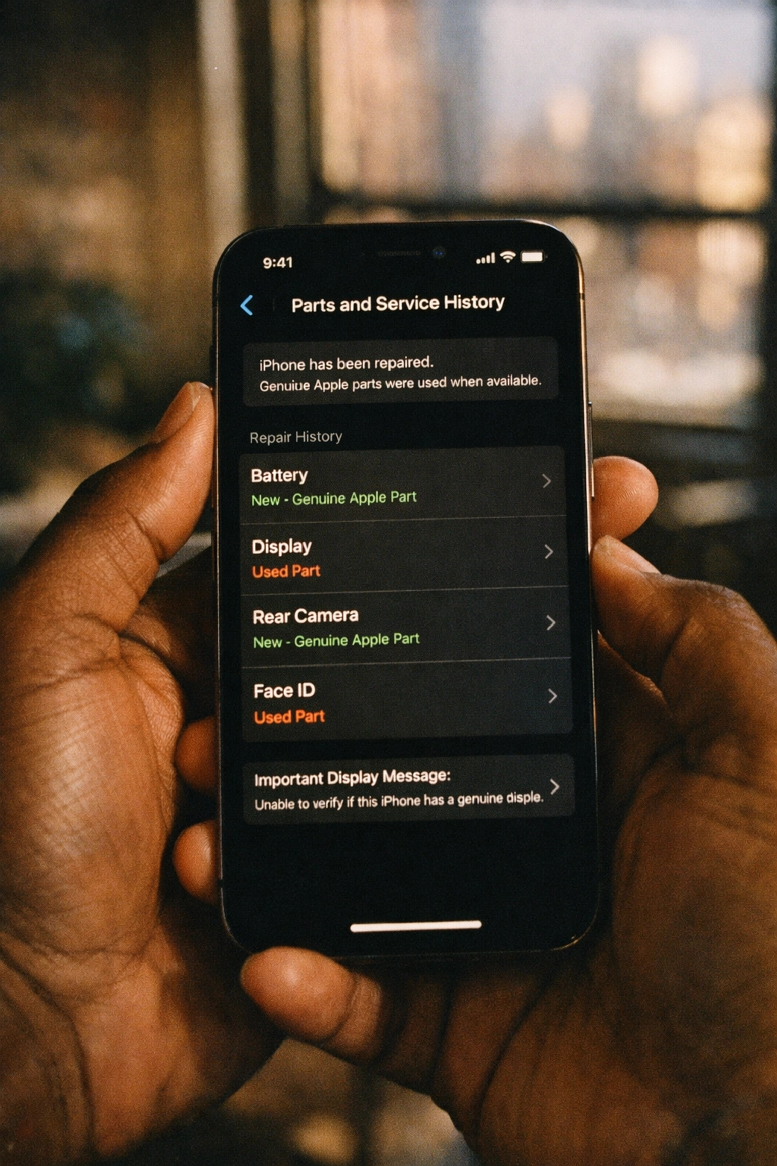 iPhone displaying Parts and Service History showing new and used genuine Apple parts