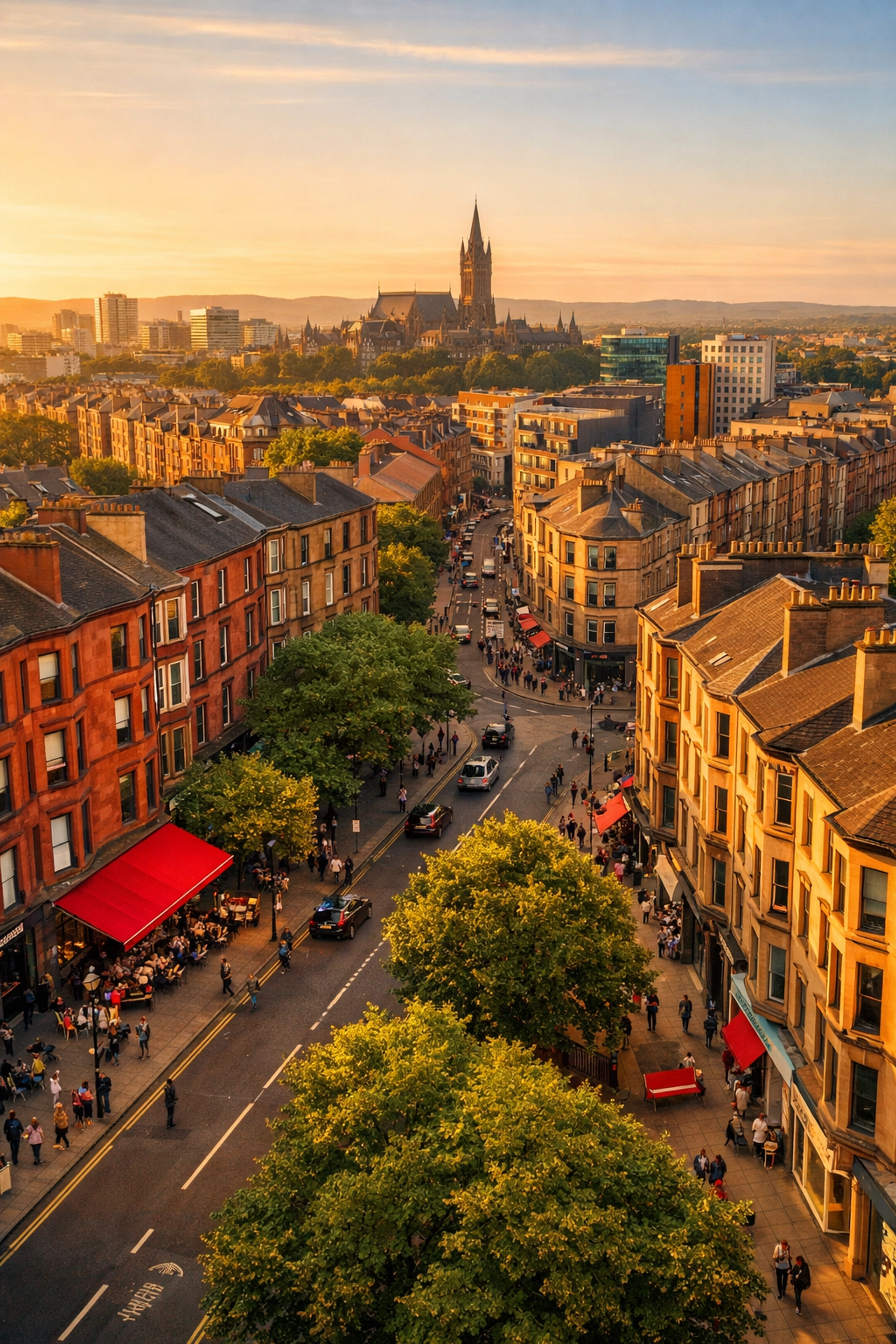 Aerial view of Glasgow's West End showing Victorian sandstone tenements and tree-lined streets