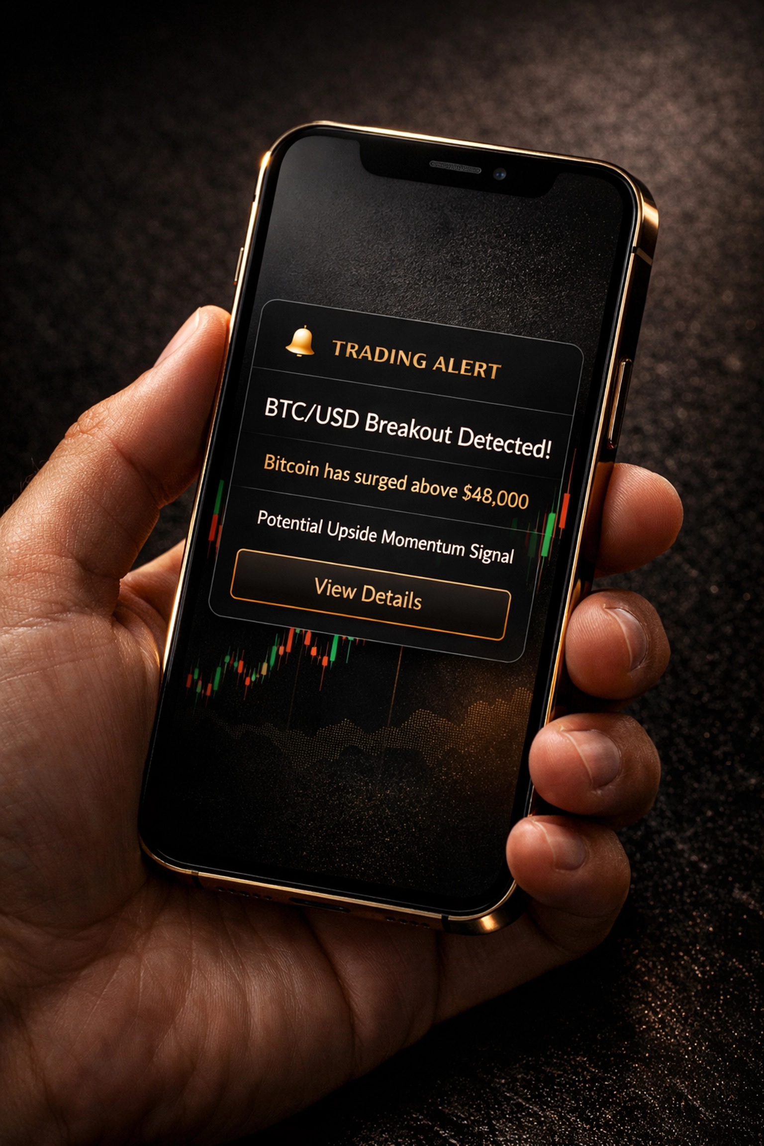 Hand holding phone showing forex signals trading alert notification on screen