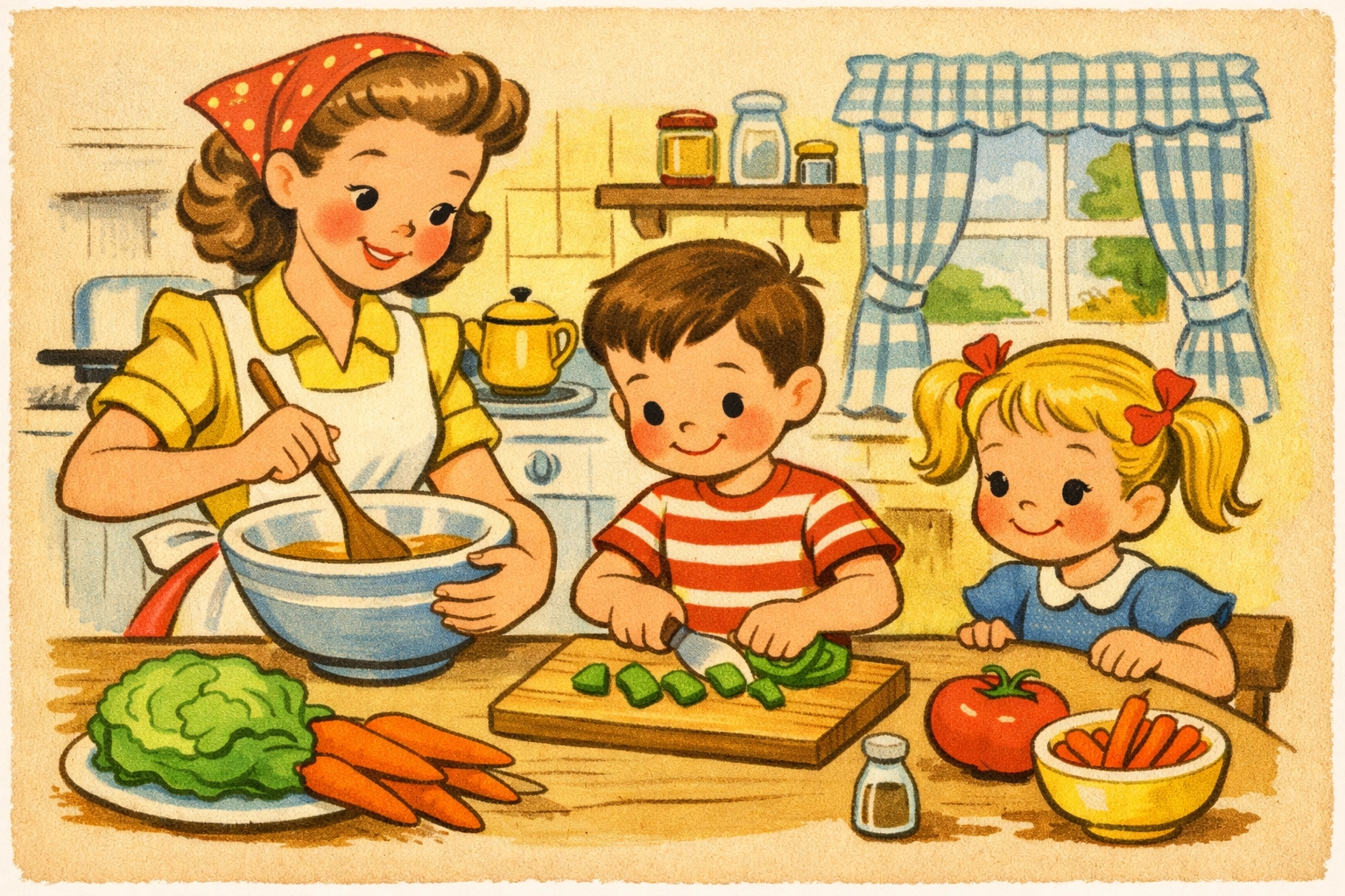 Father and children cooking together in kitchen preparing healthy meal with fresh ingredients