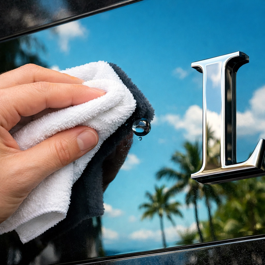 Cleaning a high-gloss building sign in Kona to maintain its UV protective coating and professional look.