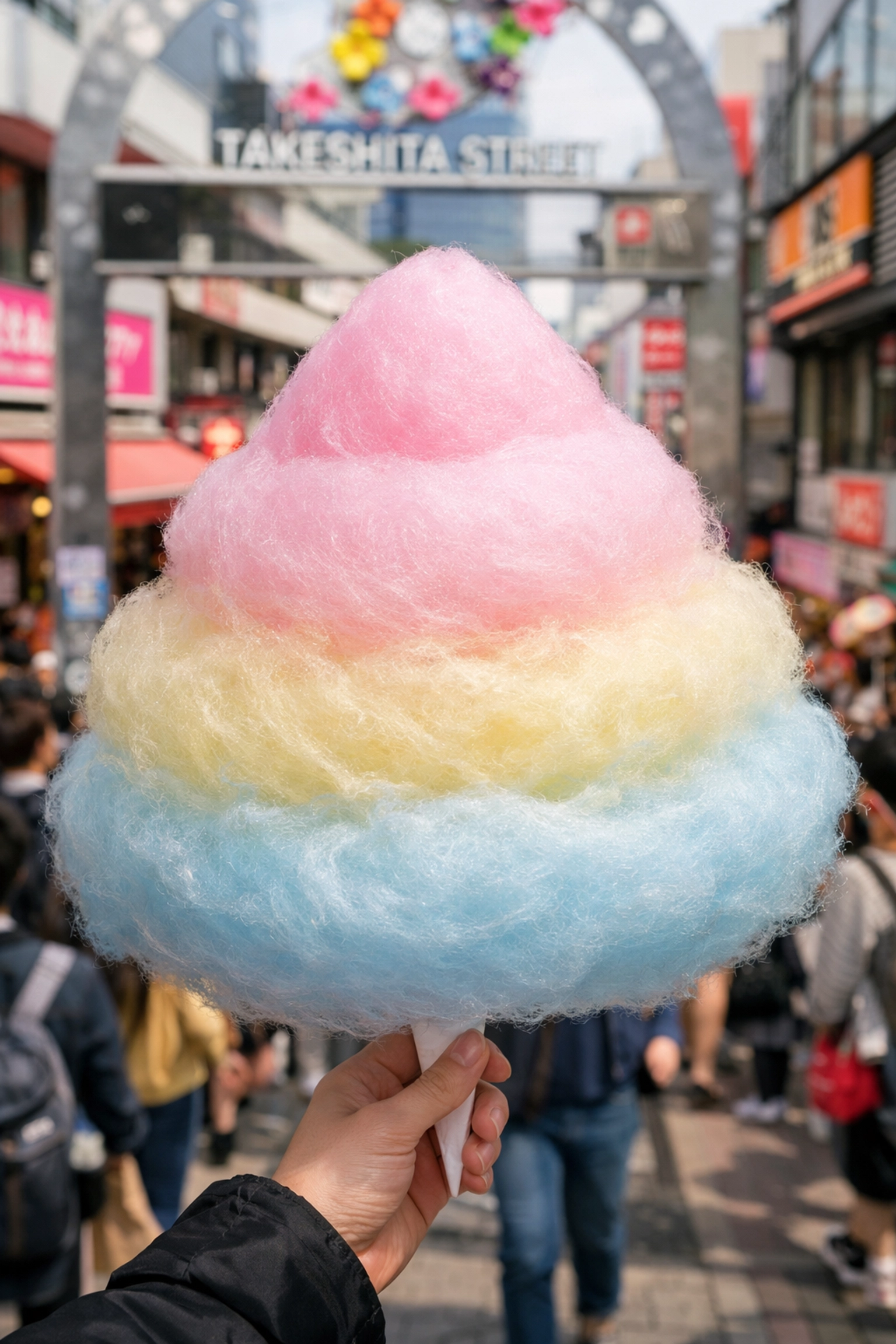 Giant rainbow cotton candy held on the busy Takeshita Street in Harajuku, Tokyo.