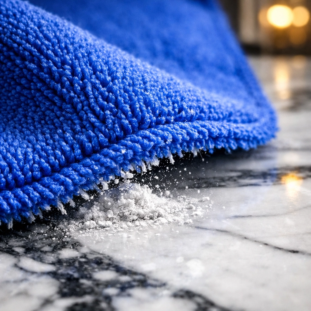 Macro view of blue microfiber cloth fibers trapping fine white construction dust on marble.