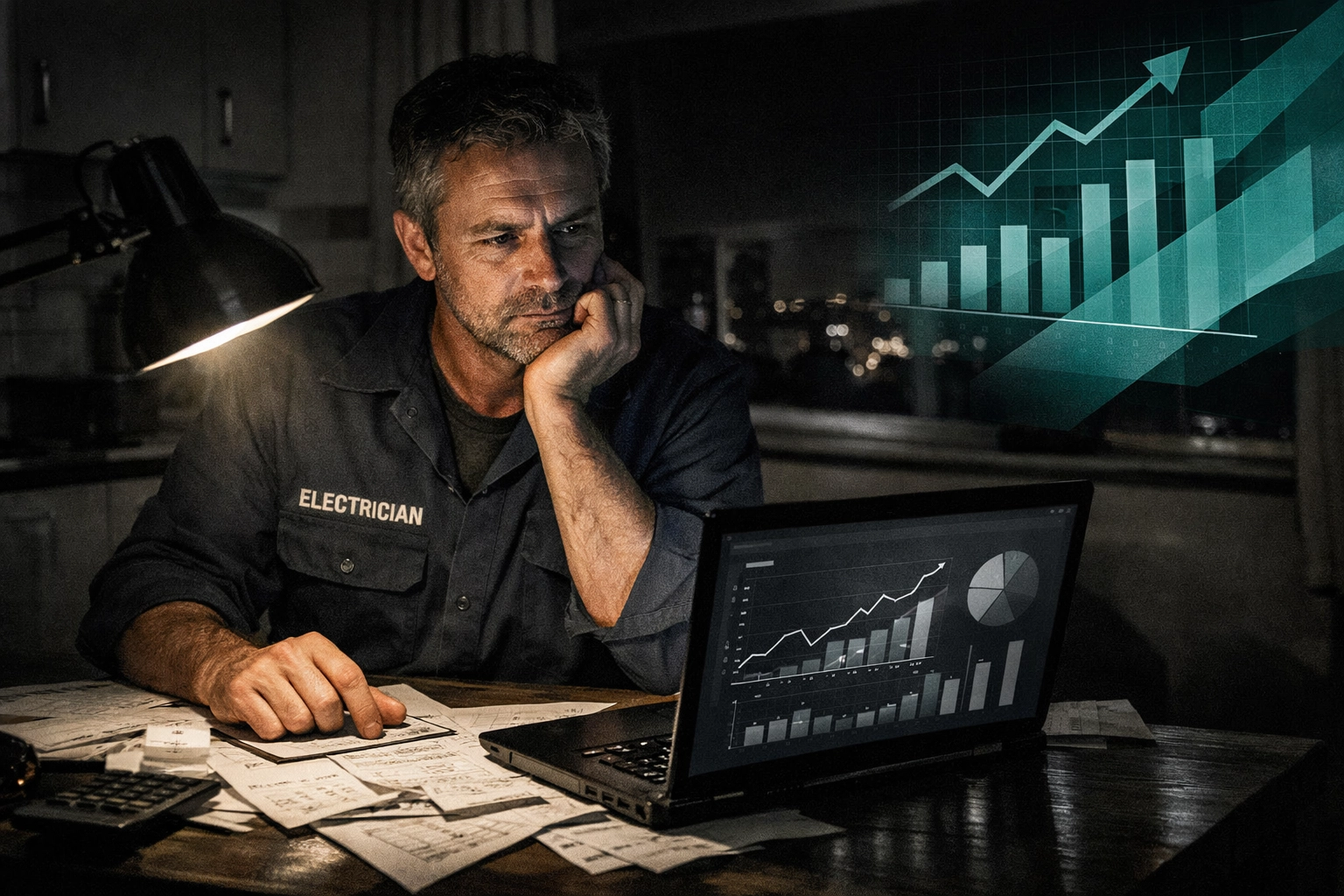 Contractor reviewing Google Ads analytics and budget calculations late at night