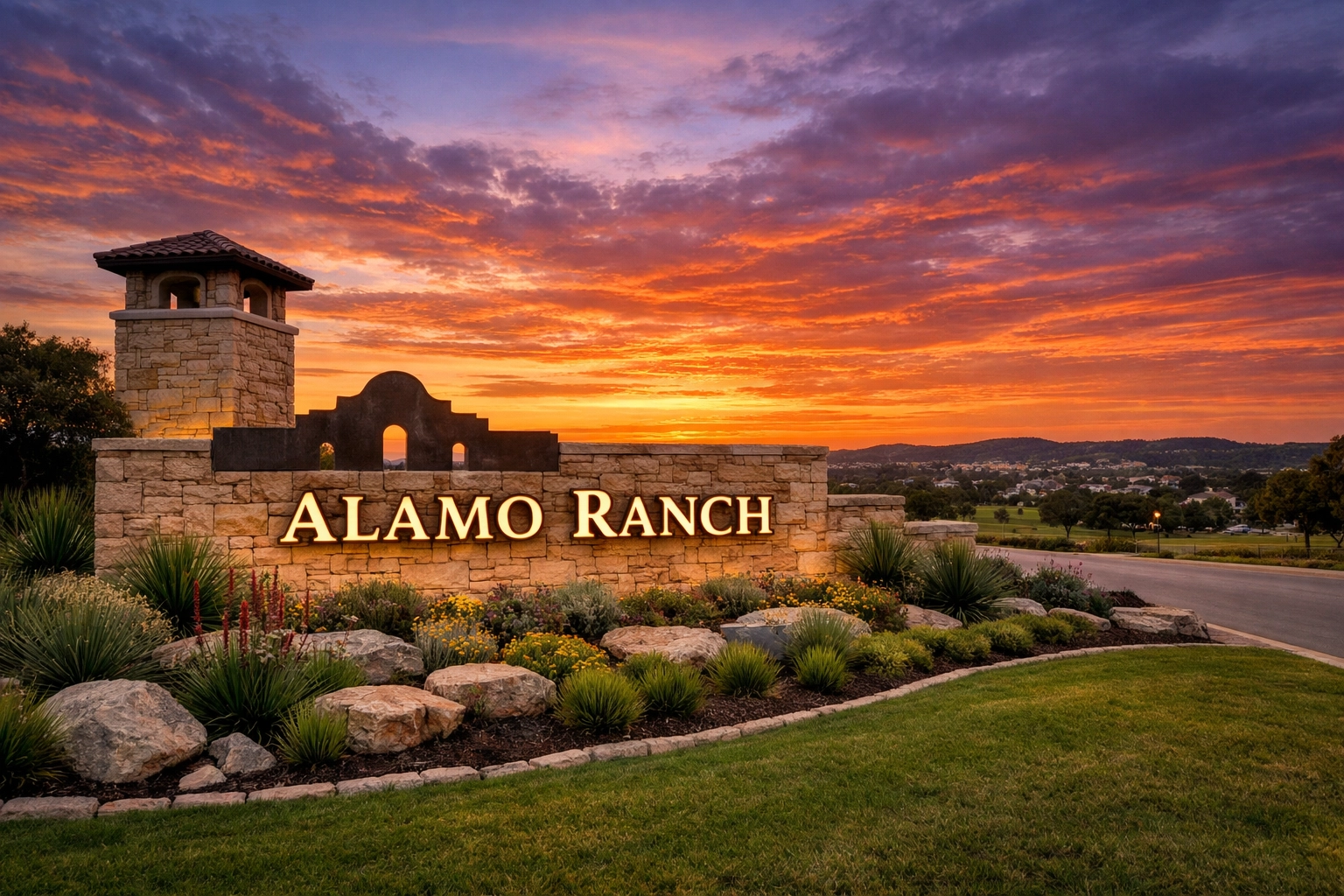 Beautiful sunset view of a master-planned community entrance in Alamo Ranch, San Antonio.