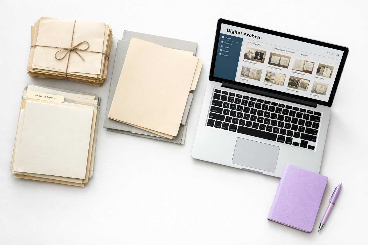 Organized workspace with manuscripts and digital archives for documenting author impact