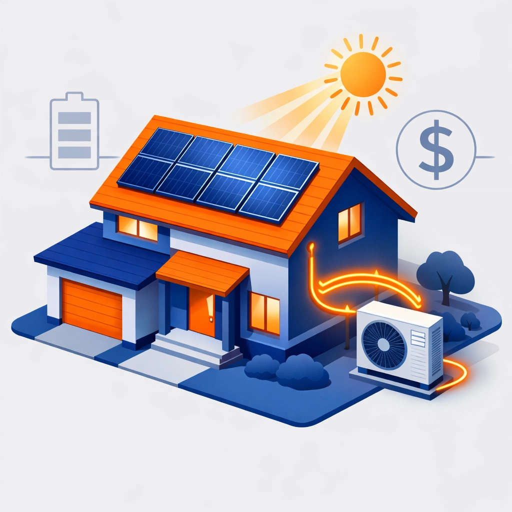 Modern Surrey home using solar panels to power an air source heat pump for eco-friendly cooling and energy savings.