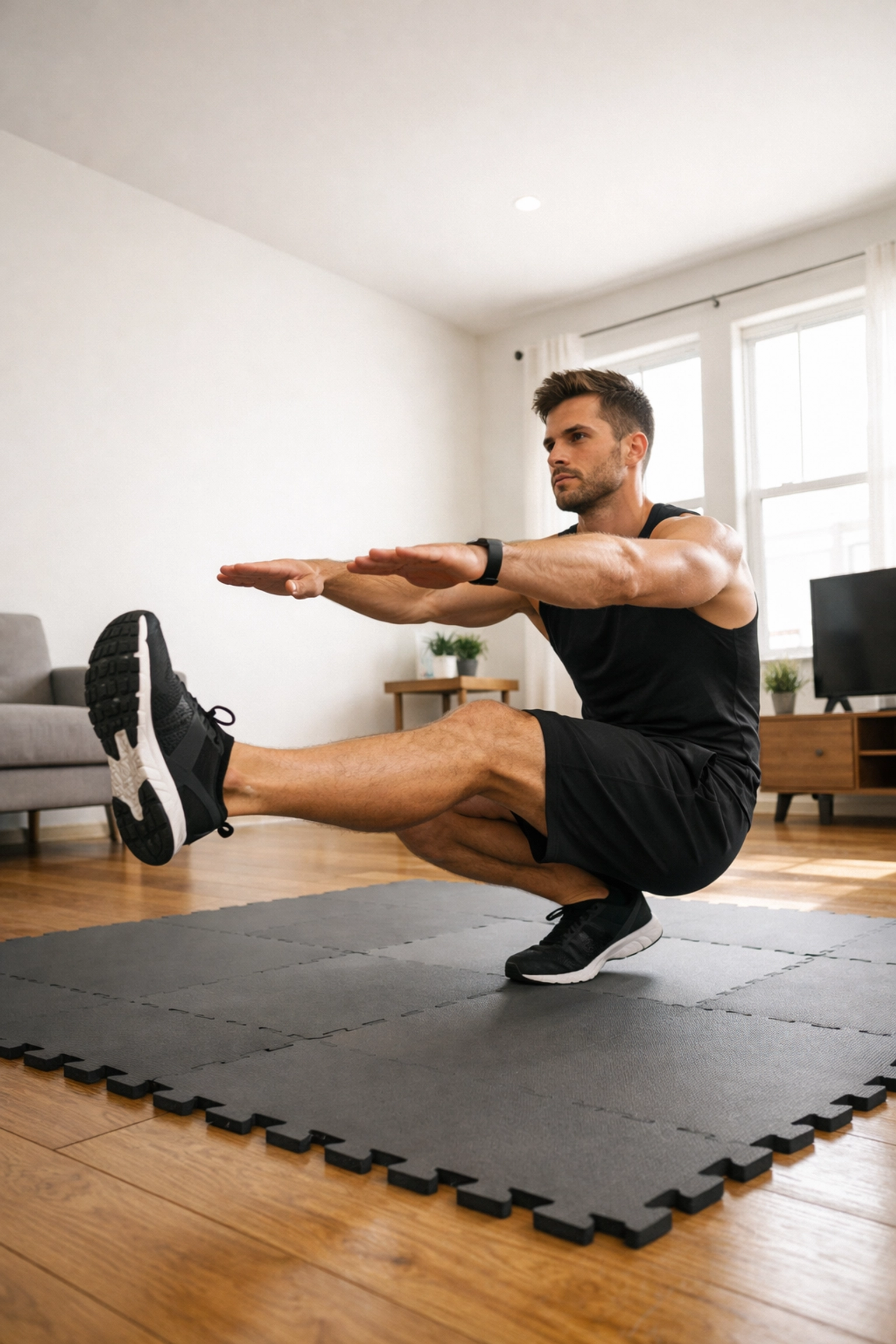 Man performing pistol squats on gym mat in apartment during bodyweight training at home