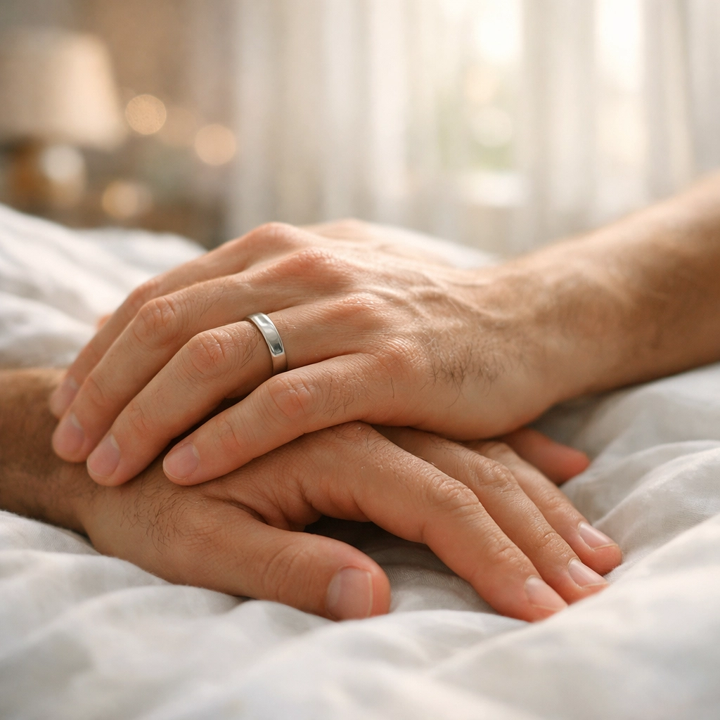 Two men's hands intertwined showing intimate connection in gay relationship
