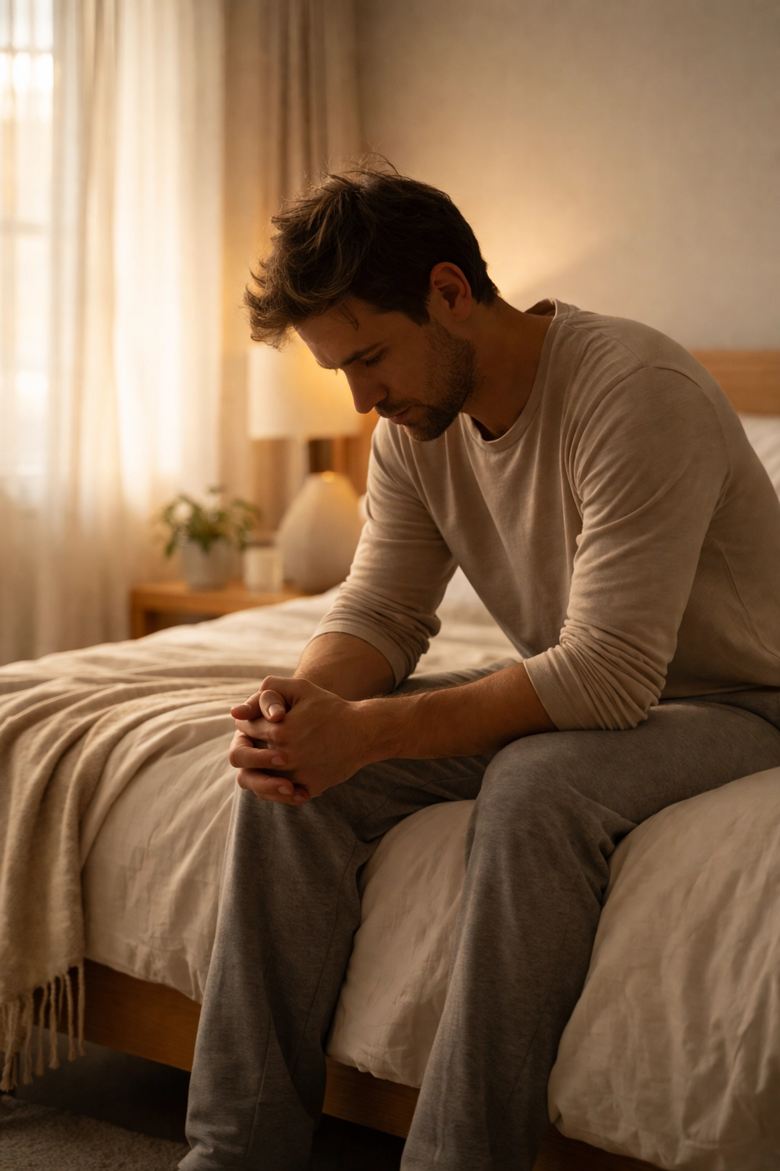 Fiatal férfi gondterhelt arccal ül az ágy szélén, korai magömlés problémájával küzdve