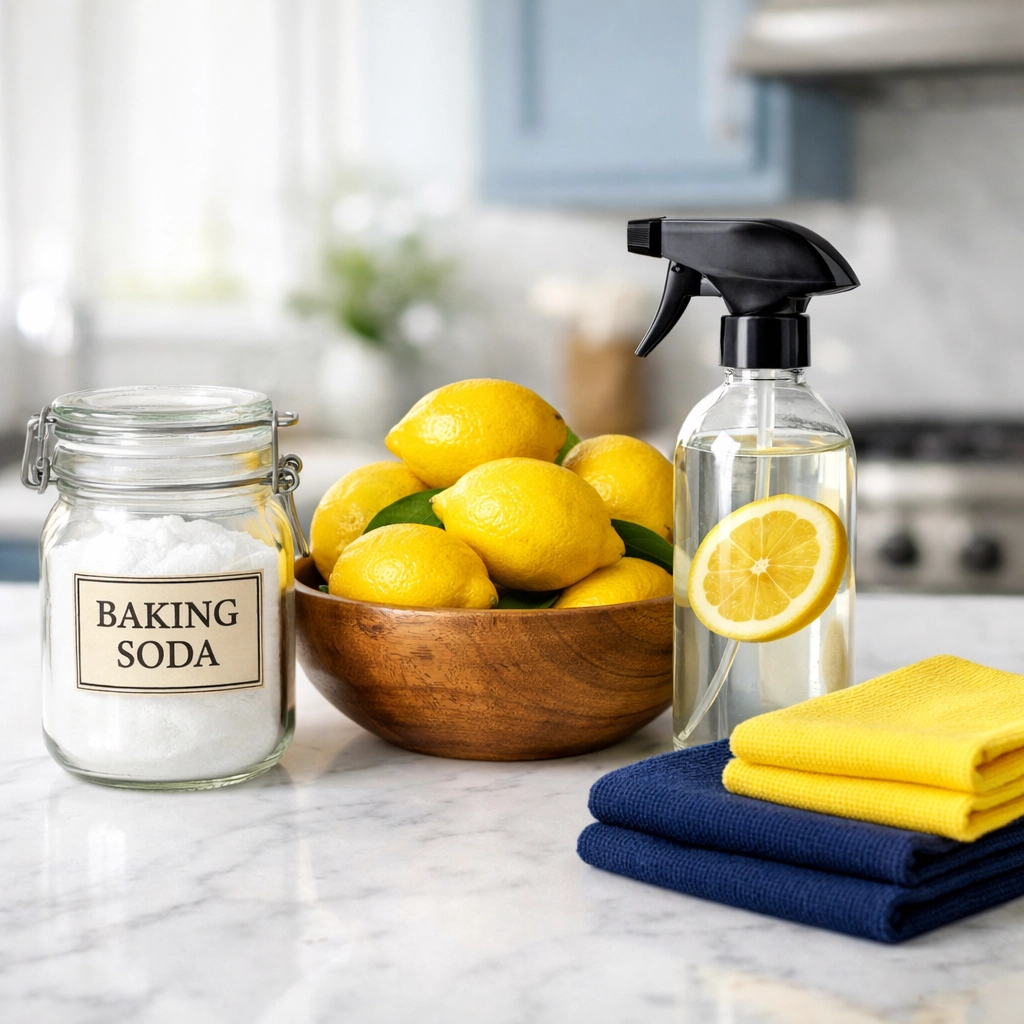 Natural eco-friendly house cleaning supplies on a kitchen counter in a Leominster MA home.