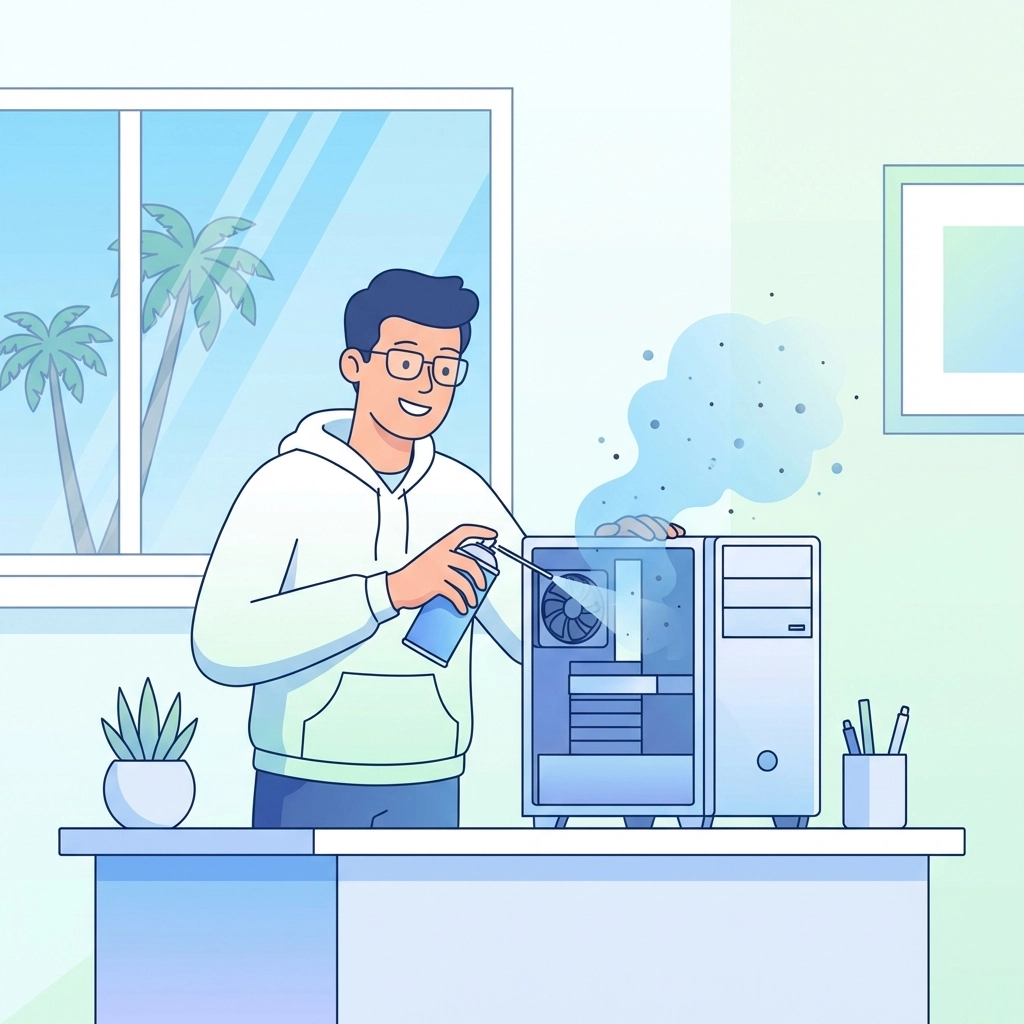 Person cleaning desktop computer with compressed air in a bright Florida home office, illustrating DIY PC repair tips