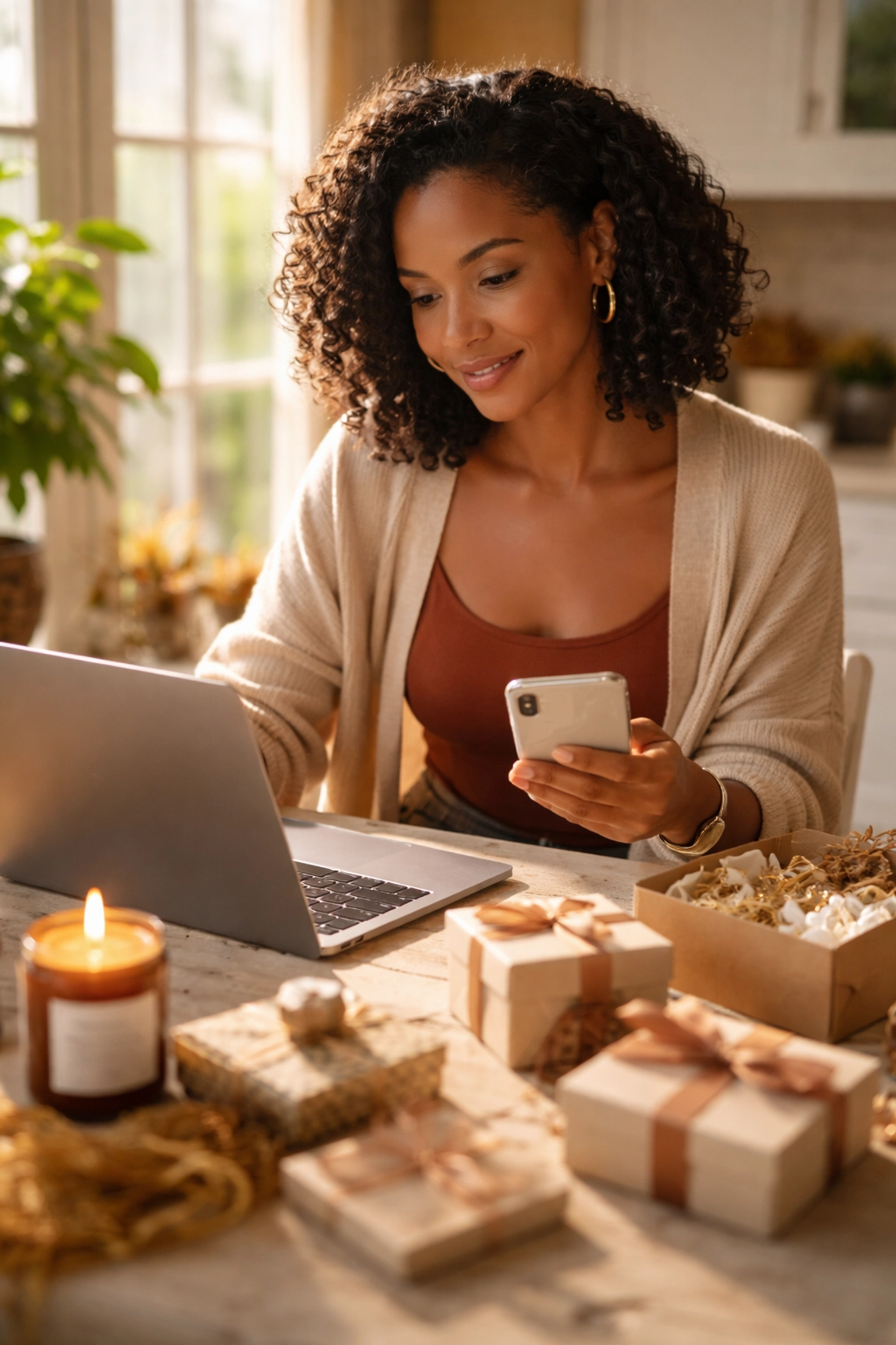 Modern Black woman shopping online for Black-owned products, highlighting economic empowerment and community support.
