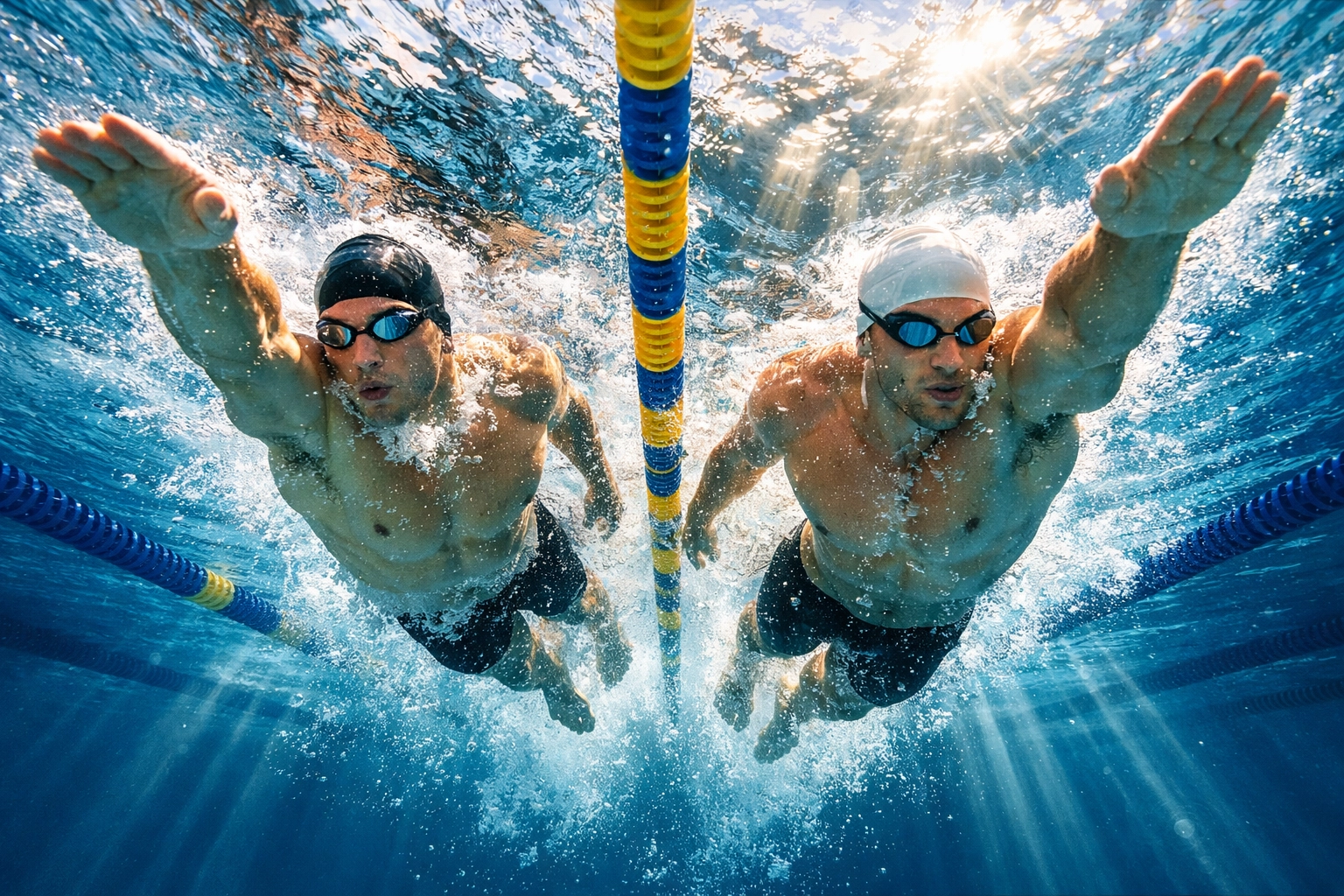 Two male swimmers racing underwater in competitive swim meet side by side