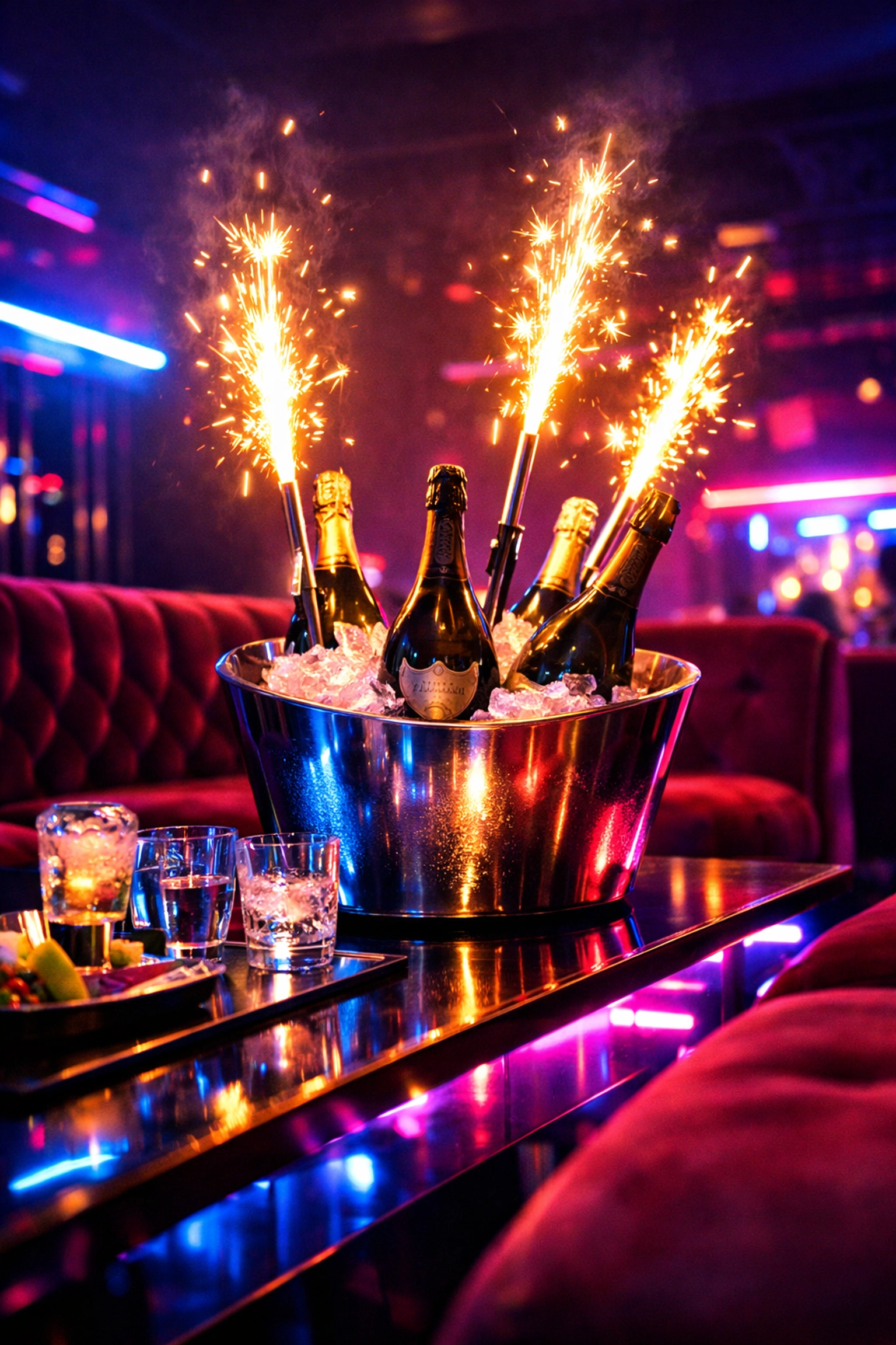 Exclusive VIP table setup with champagne and sparklers at Miami nightclub