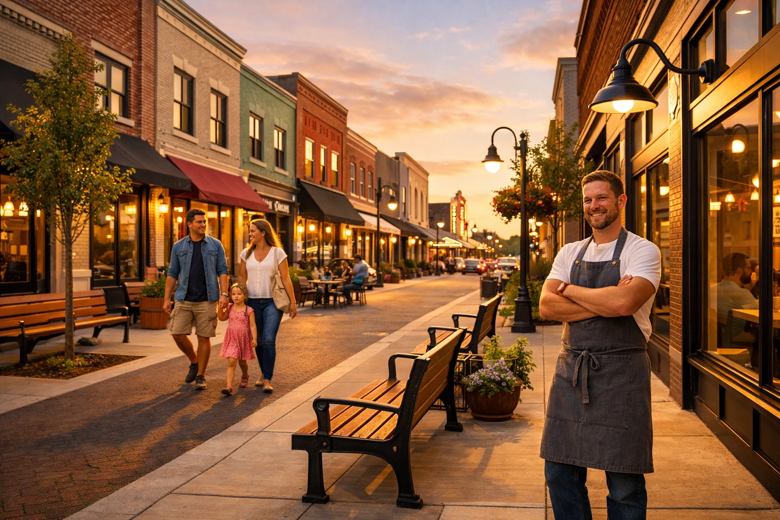 A revitalized downtown street showing the real-world results of community development consulting.