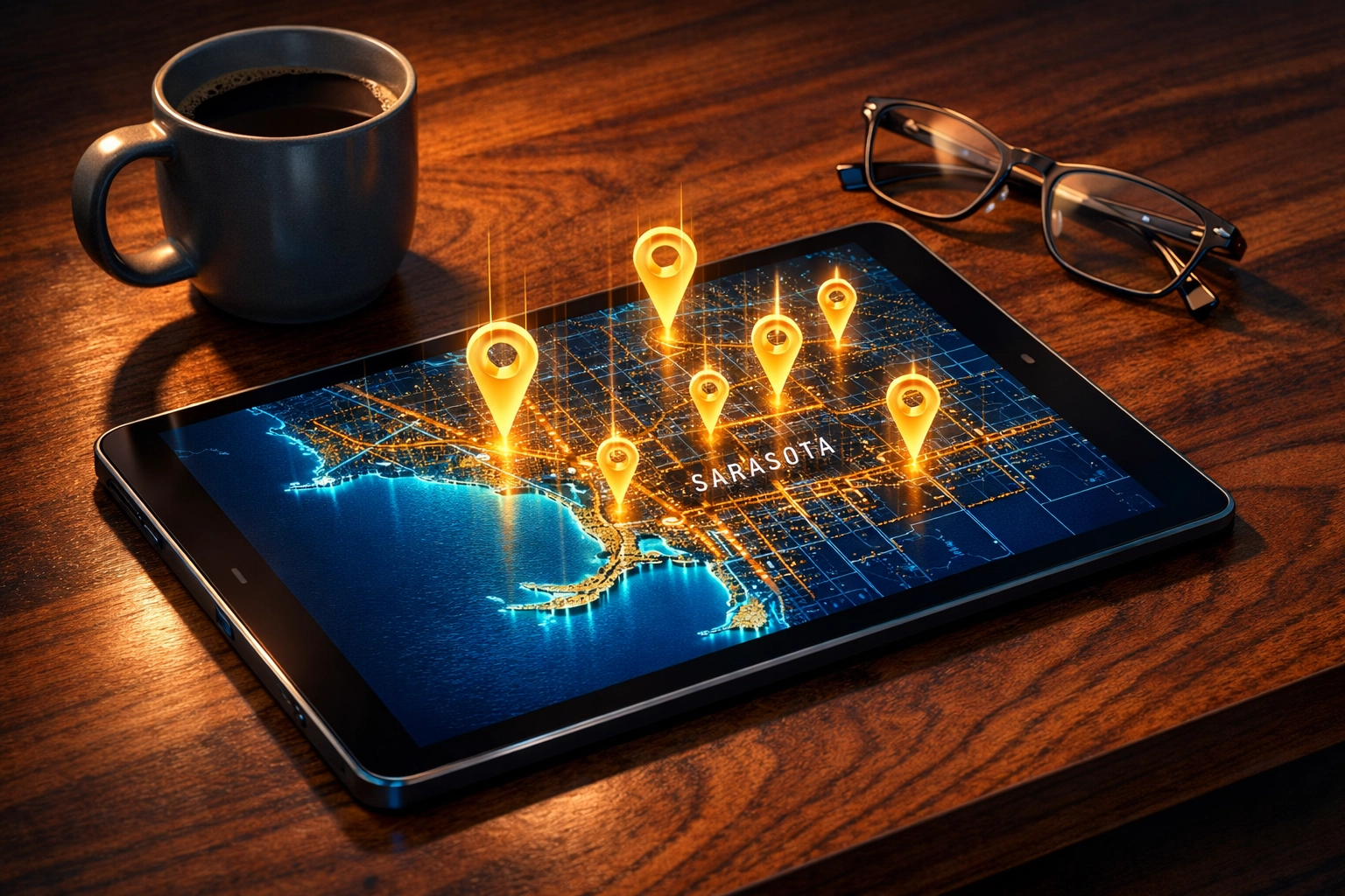 Digital map of Sarasota with location pins displayed on a tablet, illustrating local SEO market dominance.