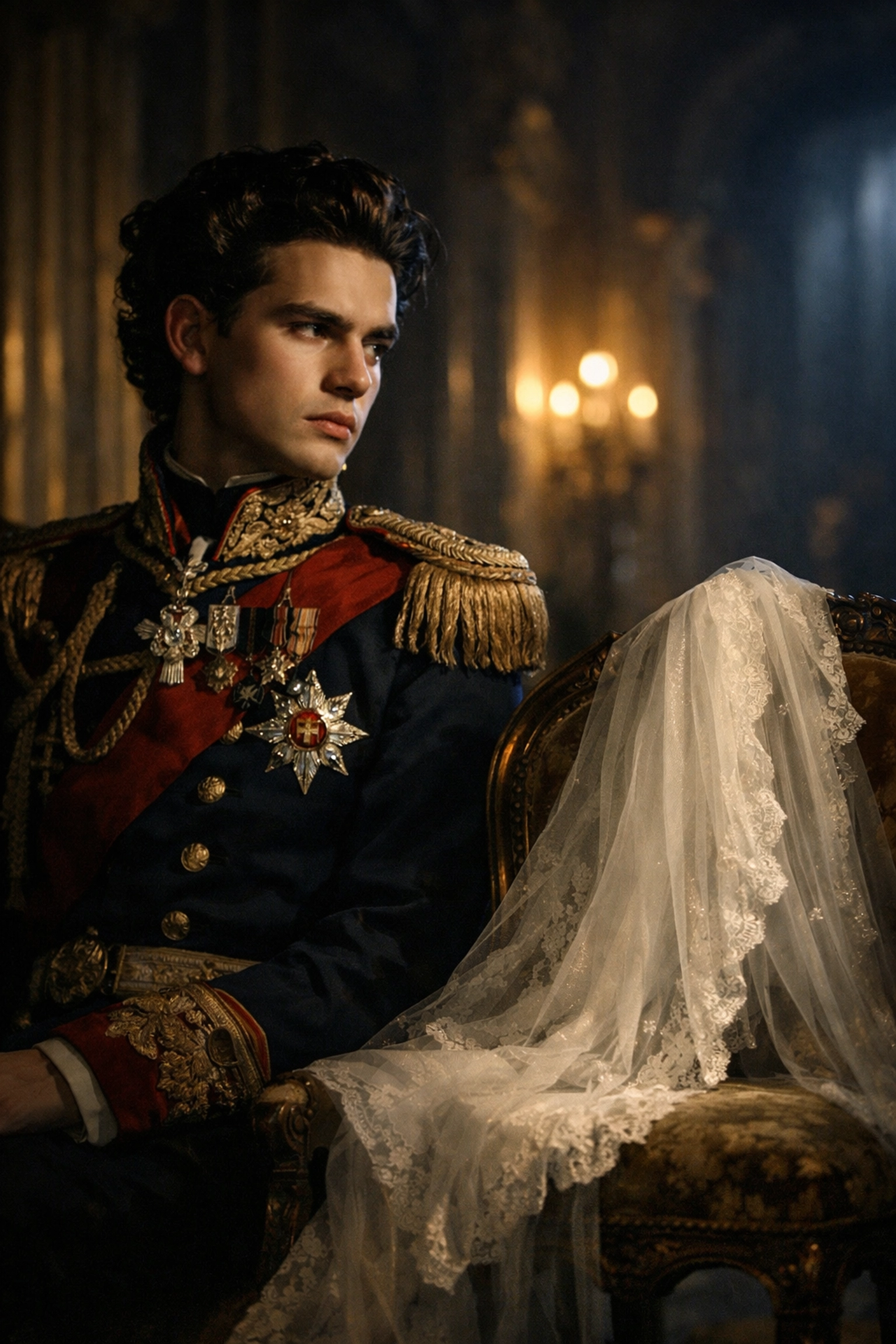 King Ludwig II looking away from a bridal veil, reflecting the internal struggle found in historical gay romance.