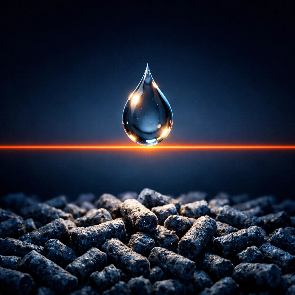 Liquid droplet over animal feed pellets illustrating source reduction of phosphorus for EPA compliance.