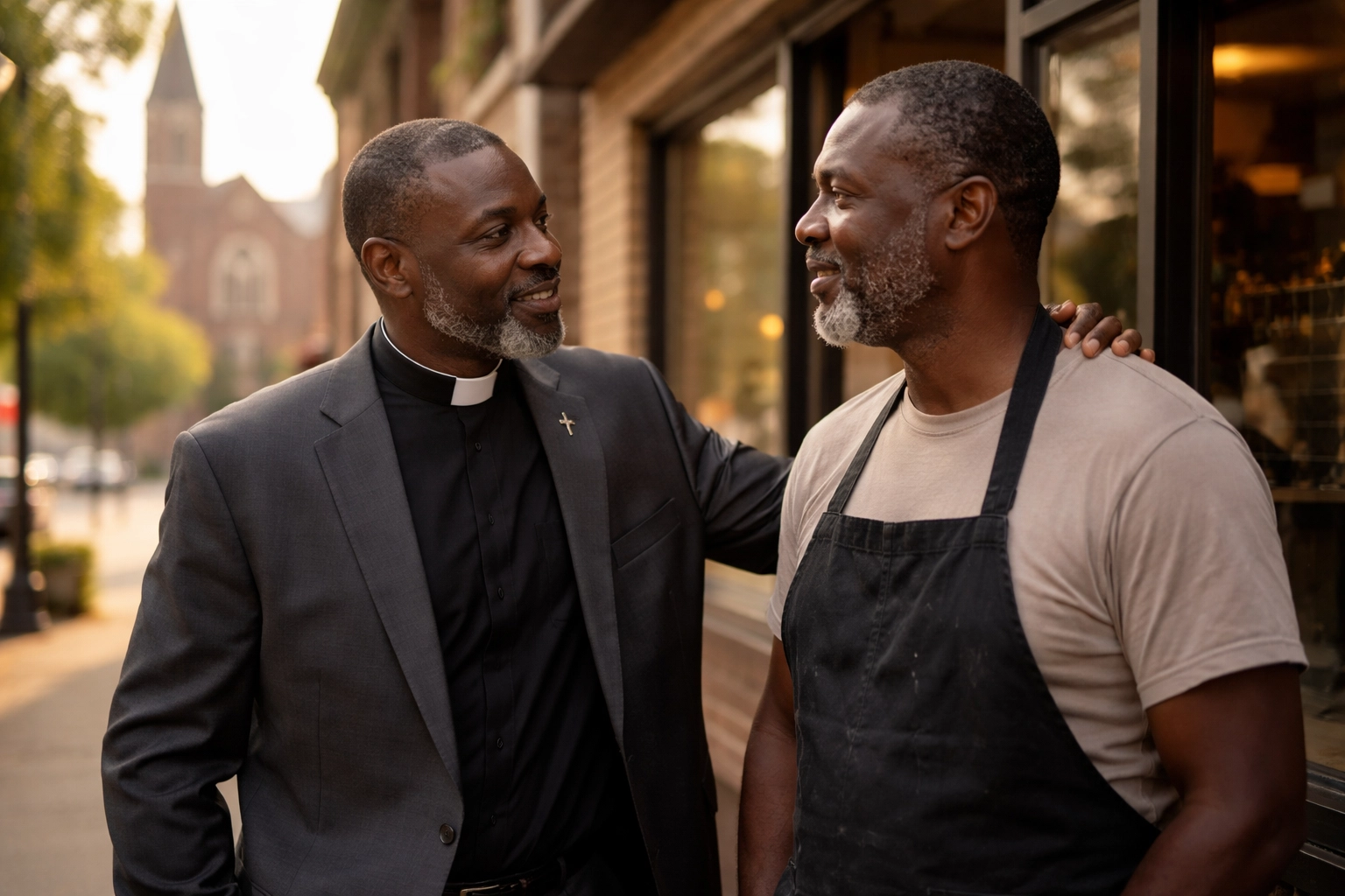 A Black pastor and a local business owner converse outside a storefront, highlighting faith-based community engagement.