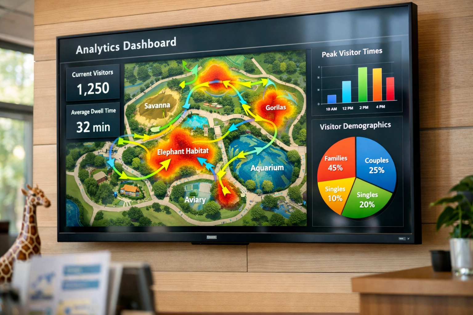 Zoo visitor analytics dashboard displaying heat maps and guest engagement tracking data
